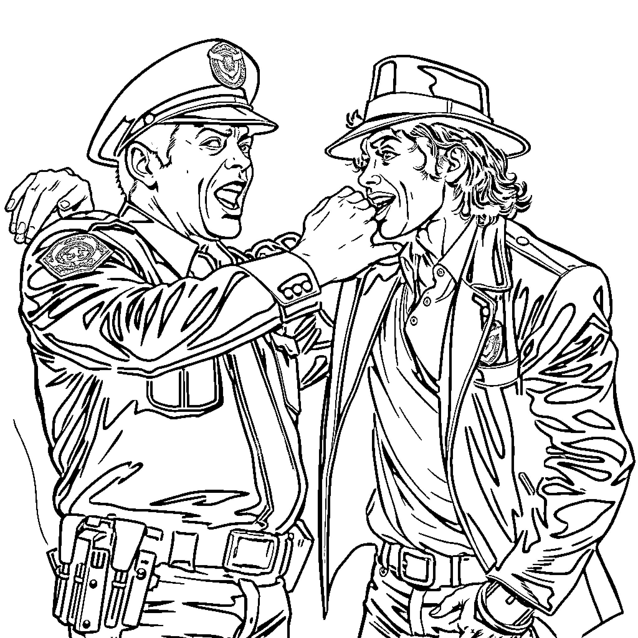 Michael Jackson Performs with Police Officer Coloring Page (free black-and-white line drawing printable PDF for all, from beginners to advanced learners, including children, teens, adults, and seniors)