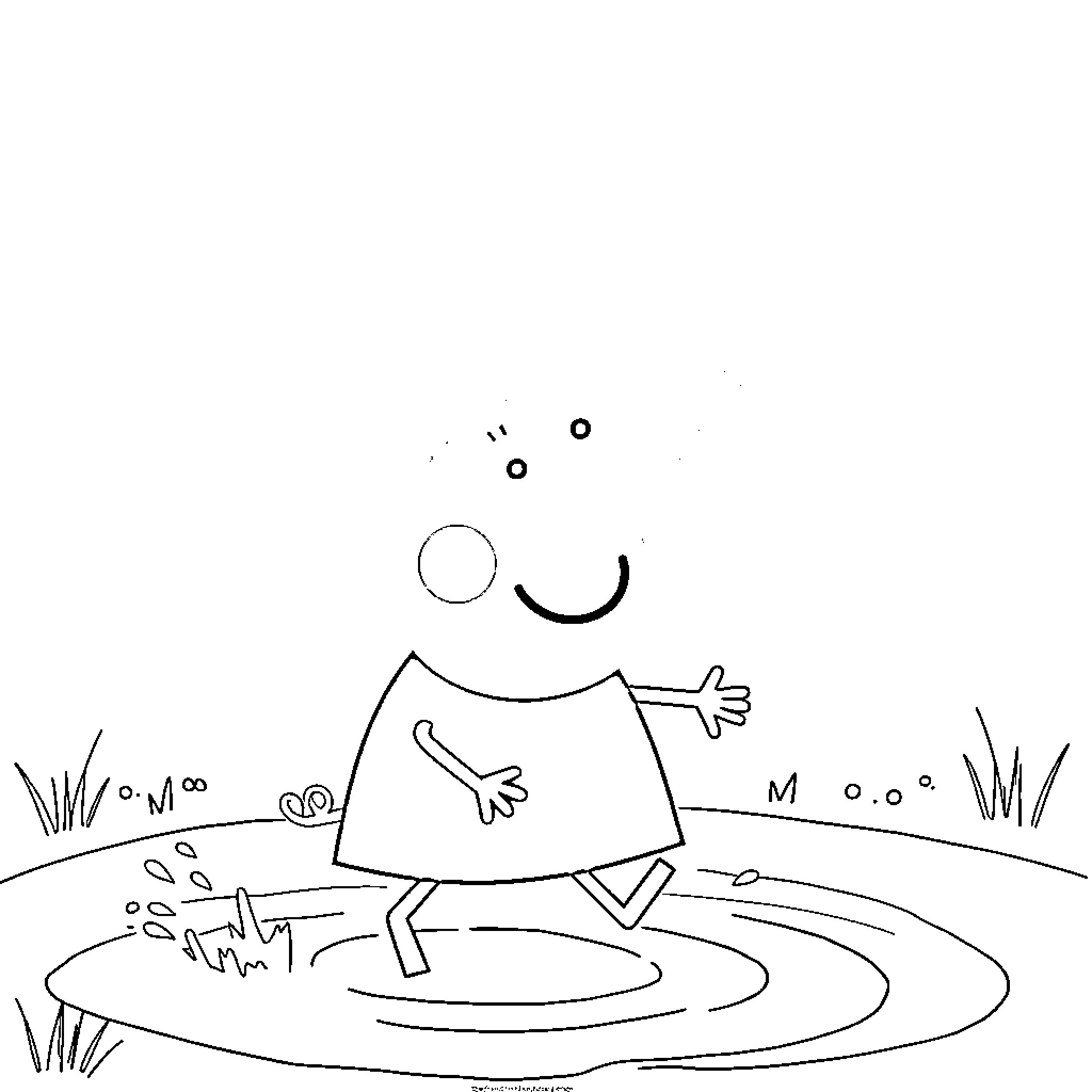 Peppa Pig jumping happily in the puddle Coloring Page (free black-and-white line drawing printable PDF for all, from beginners to advanced learners, including children, teens, adults, and seniors)