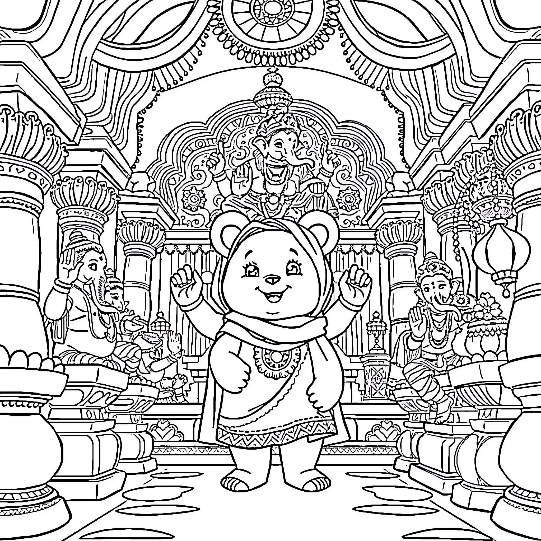 Masha's Enchanting Journey Through an Ornate Temple Coloring Page (free black-and-white line drawing printable PDF for all, from beginners to advanced learners, including children, teens, adults, and seniors)