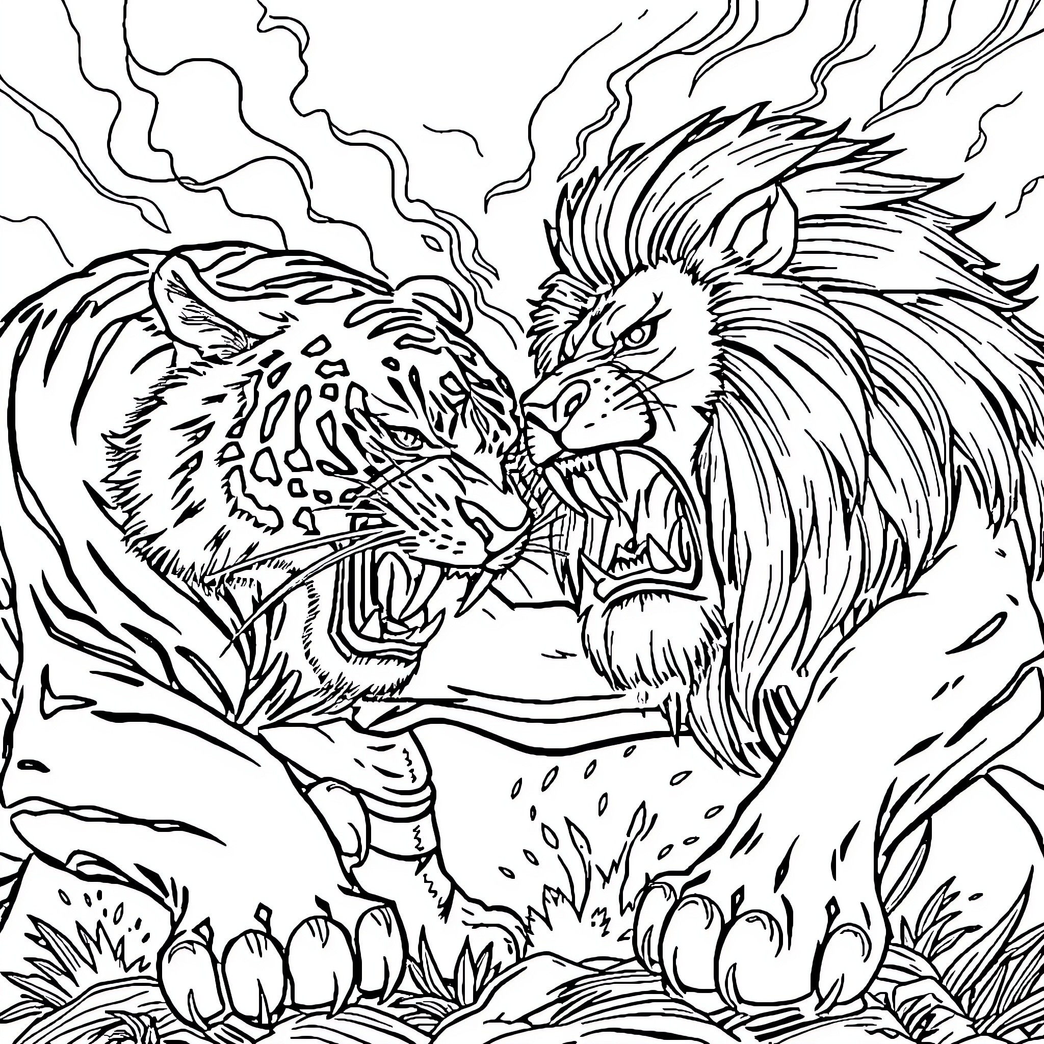 Tiger's Fierce Roar in the Wilderness Coloring Page (free black-and-white line drawing printable PDF for all, from beginners to advanced learners, including children, teens, adults, and seniors)
