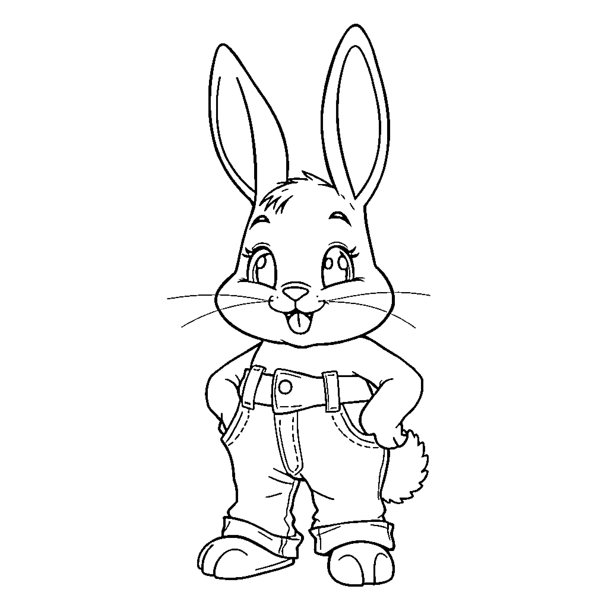 Bunny in overalls with cheerful expression Coloring Page (free black-and-white line drawing printable PDF for all, from beginners to advanced learners, including children, teens, adults, and seniors)