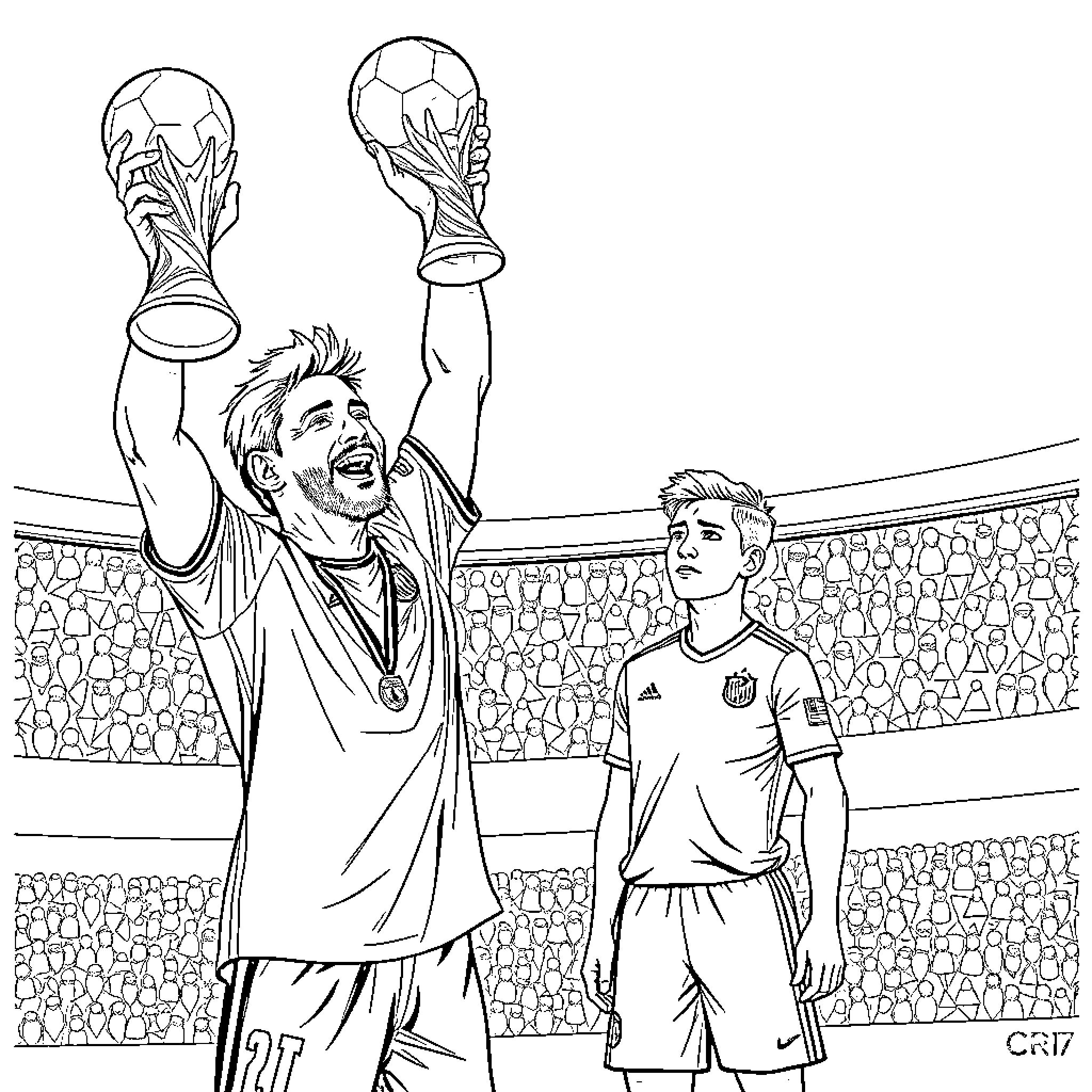 Messi celebrating his triumph with the trophy Coloring Page (free black-and-white line drawing printable PDF for all, from beginners to advanced learners, including children, teens, adults, and seniors)