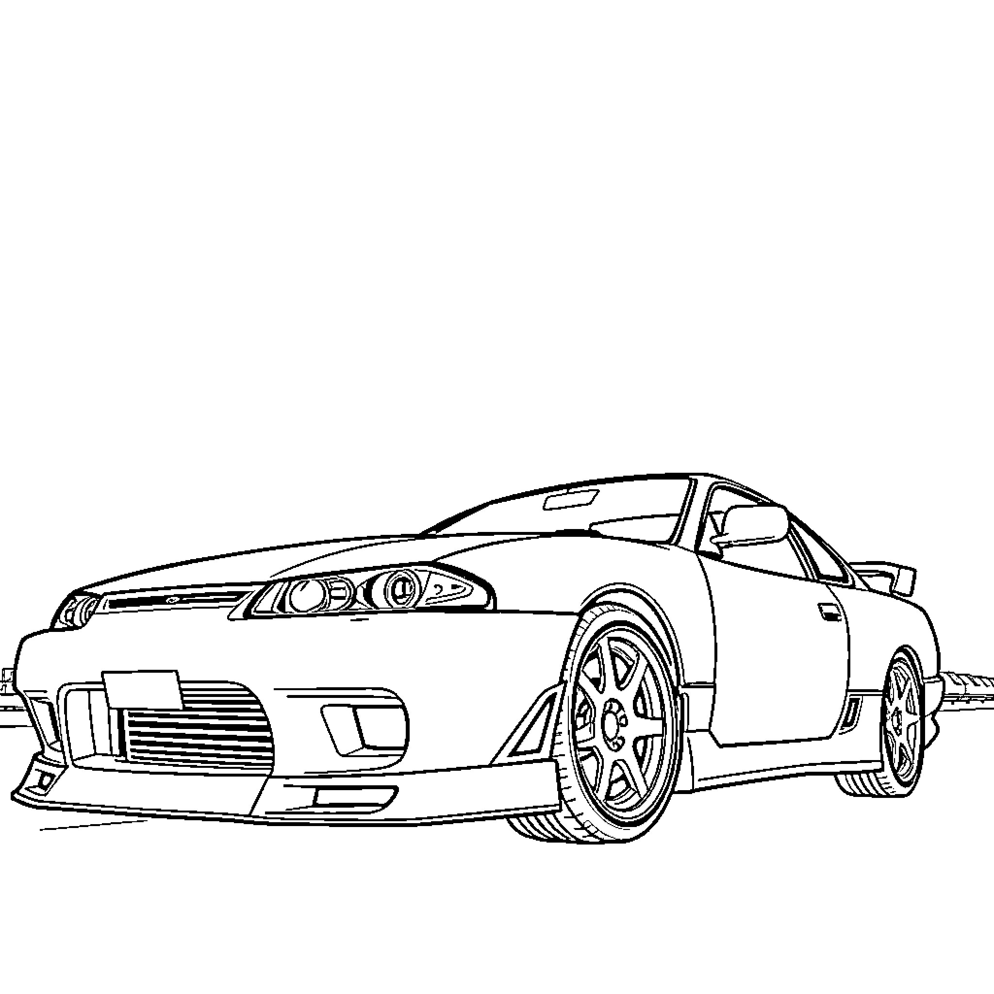 Nissan Silvia racing on the track Coloring Page (free black-and-white line drawing printable PDF for all, from beginners to advanced learners, including children, teens, adults, and seniors)
