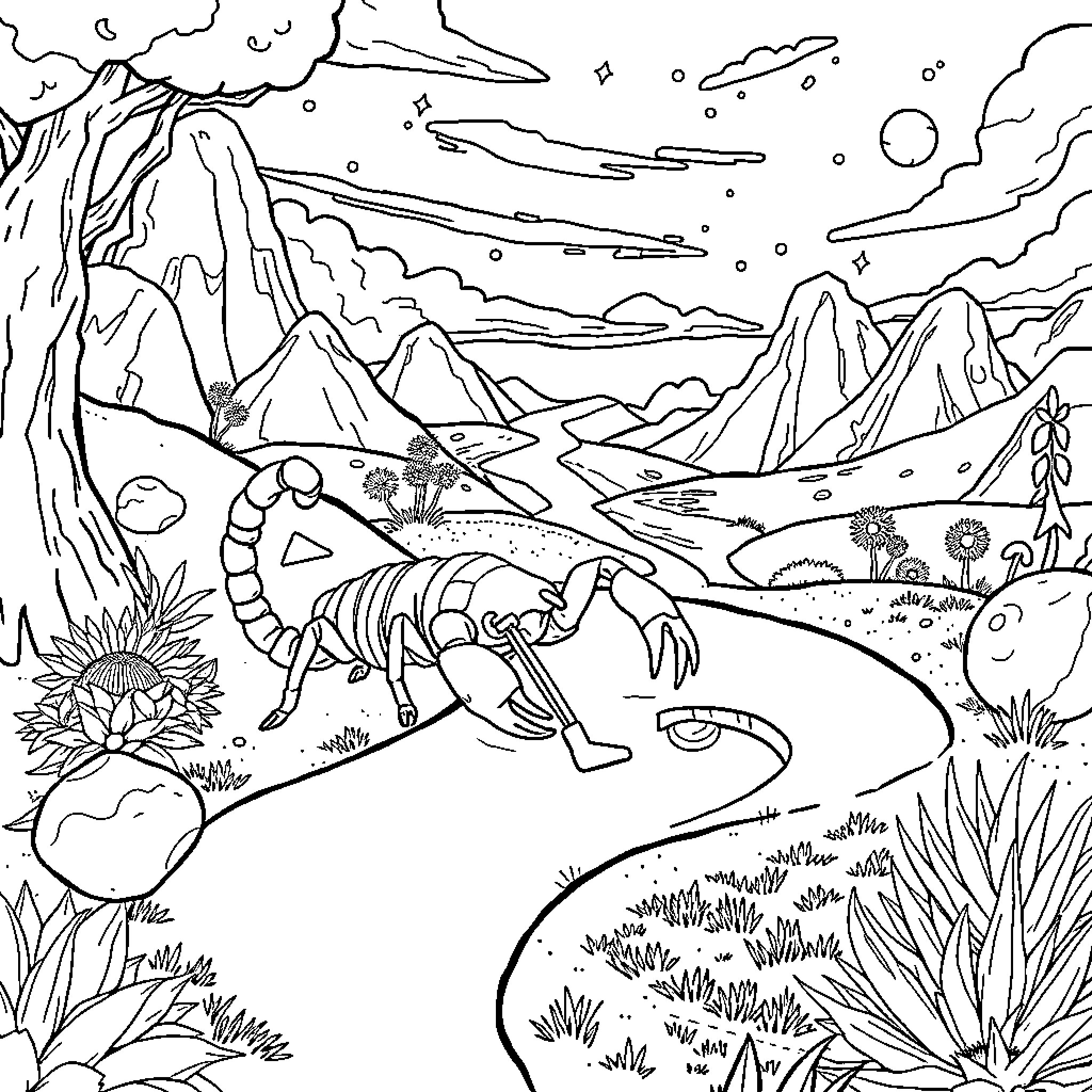 Scorpion Navigating the Surreal Mountainous Landscape Coloring Page (free black-and-white line drawing printable PDF for all, from beginners to advanced learners, including children, teens, adults, and seniors)