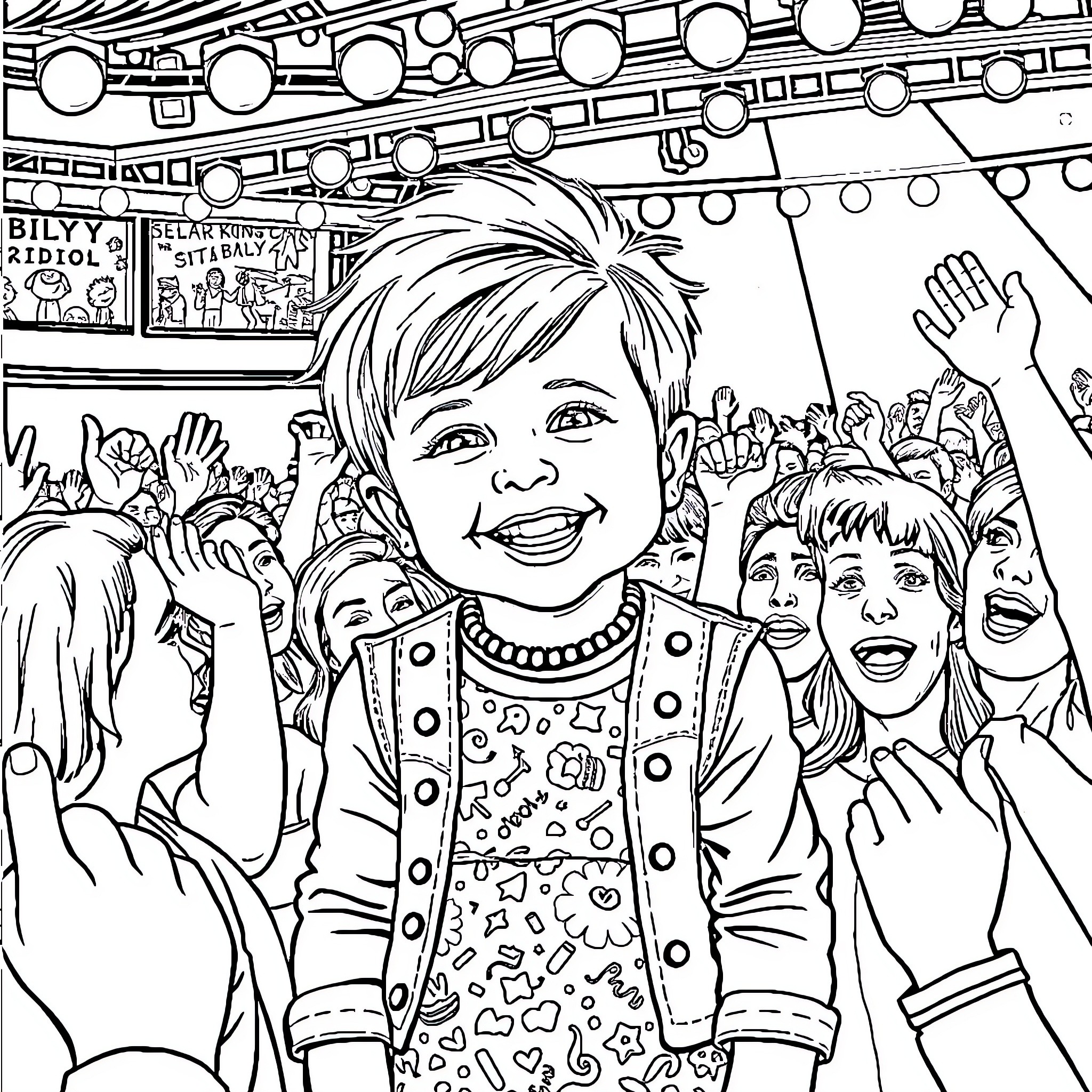 Baby Girl Enjoying a Lively Performance Coloring Page (free black-and-white line drawing printable PDF for all, from beginners to advanced learners, including children, teens, adults, and seniors)