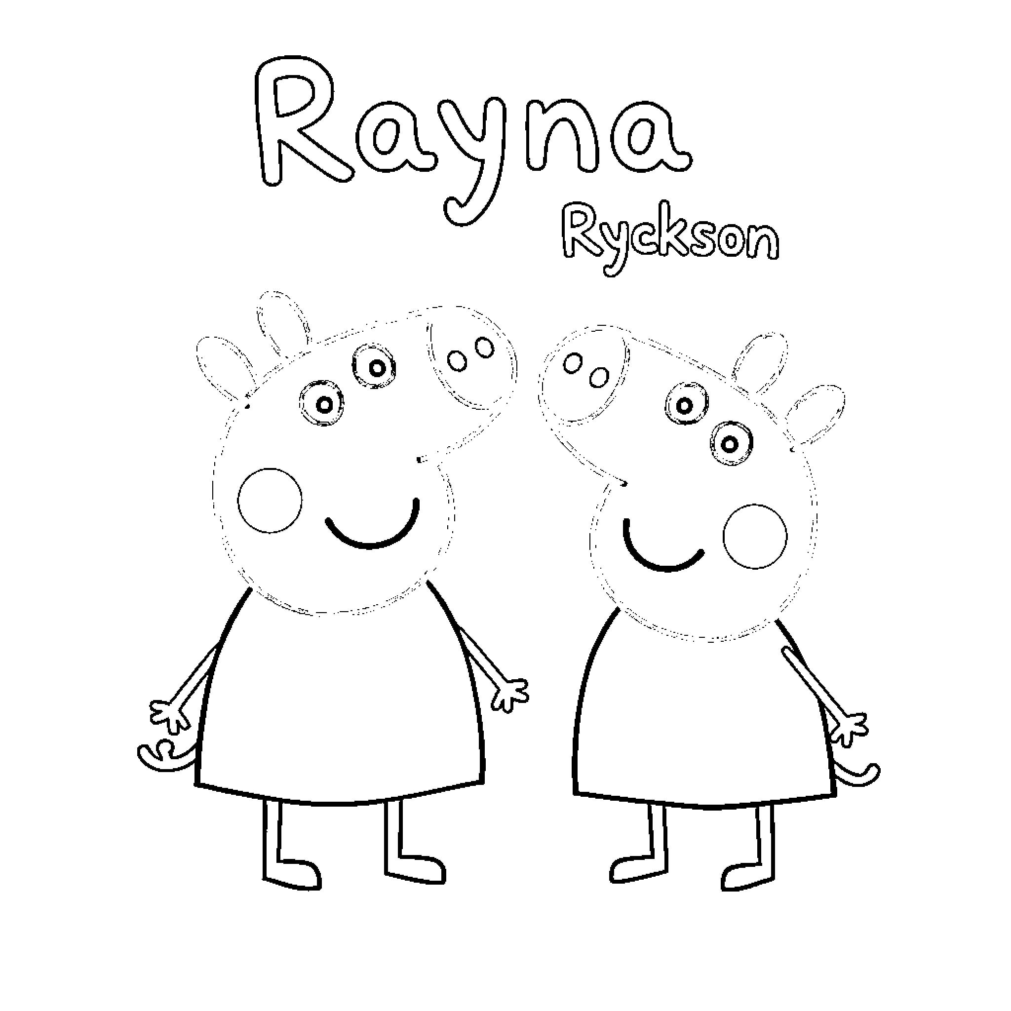 Peppa Pig and Rayna Ryckson enjoying playful moments Coloring Page (free black-and-white line drawing printable PDF for all, from beginners to advanced learners, including children, teens, adults, and seniors)