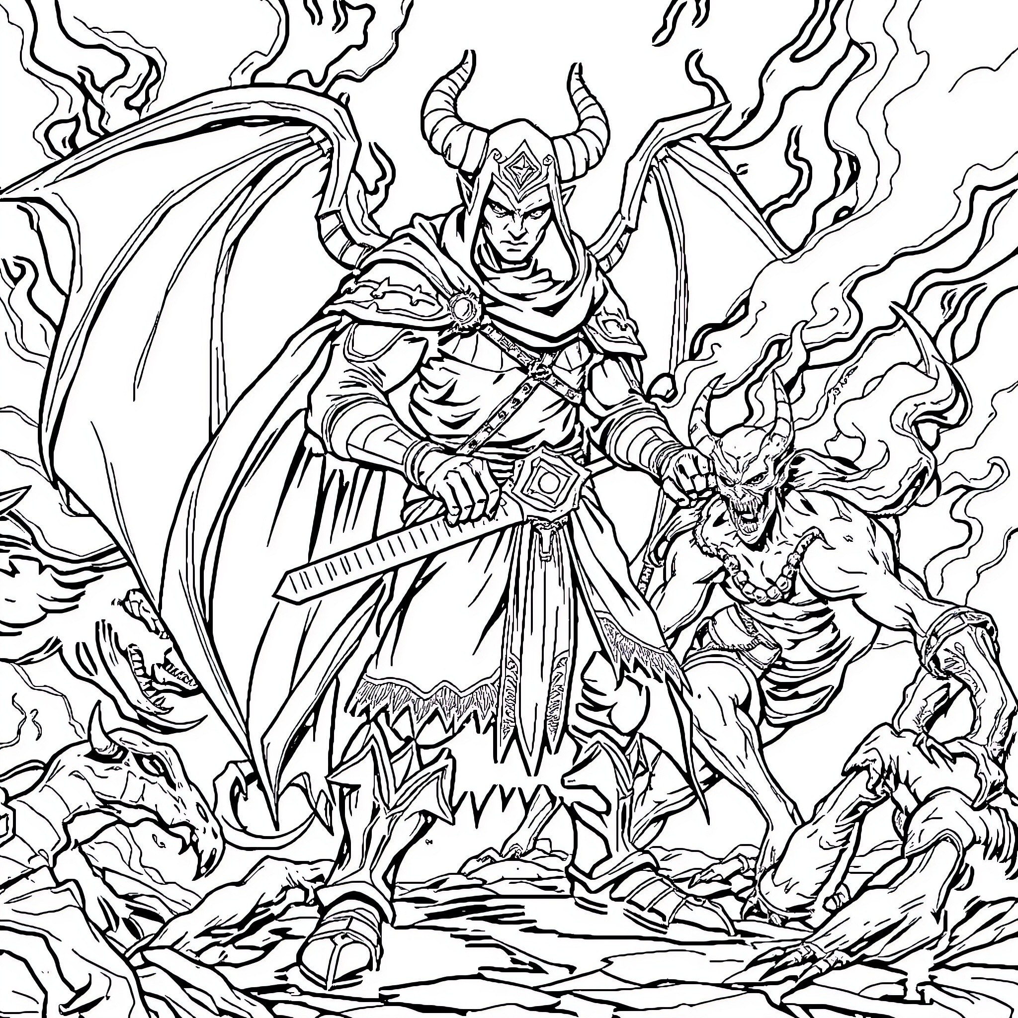 Demon Slayer: Warrior's Fierce Battle with Demonic Foes Coloring Page (free black-and-white line drawing printable PDF for all, from beginners to advanced learners, including children, teens, adults, and seniors)