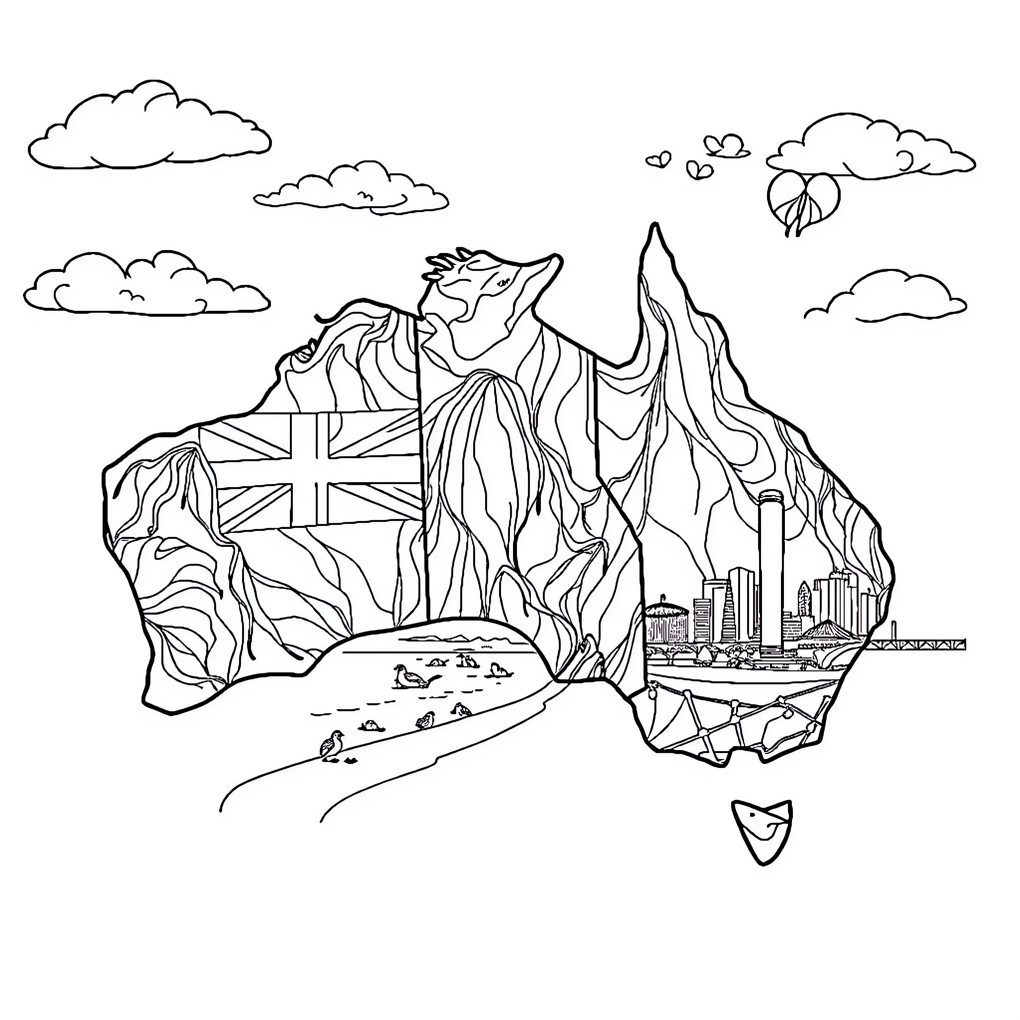 Australia's Iconic Landscapes and Landmarks Coloring Page (free black-and-white line drawing printable PDF for all, from beginners to advanced learners, including children, teens, adults, and seniors)