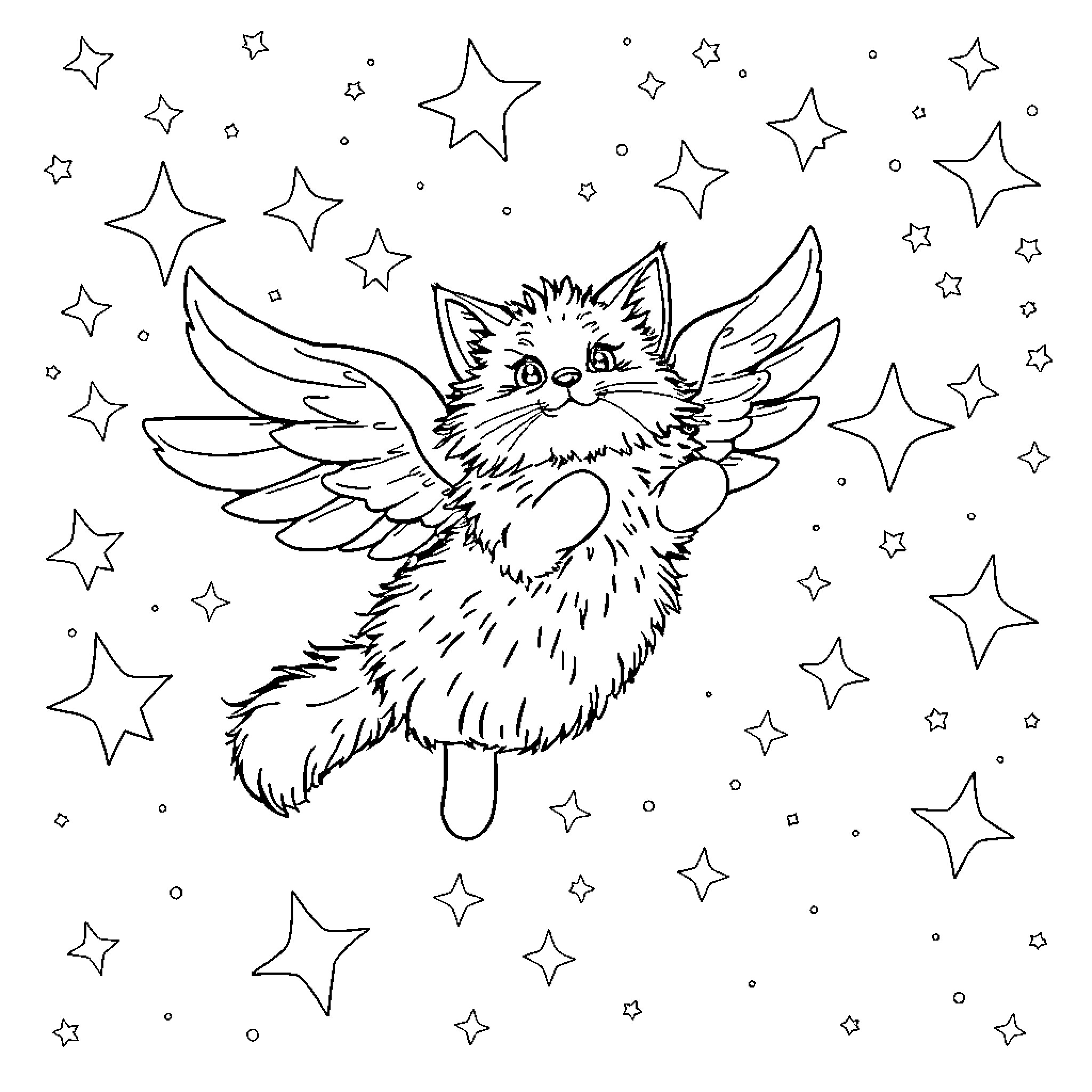 Winged Cat among the Twinkling Stars Coloring Page (free black-and-white line drawing printable PDF for all, from beginners to advanced learners, including children, teens, adults, and seniors)
