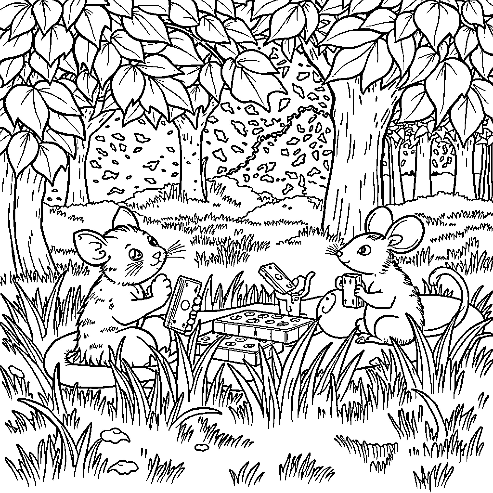 Gato mice enjoying a picnic in the forest Coloring Page (free black-and-white line drawing printable PDF for all, from beginners to advanced learners, including children, teens, adults, and seniors)