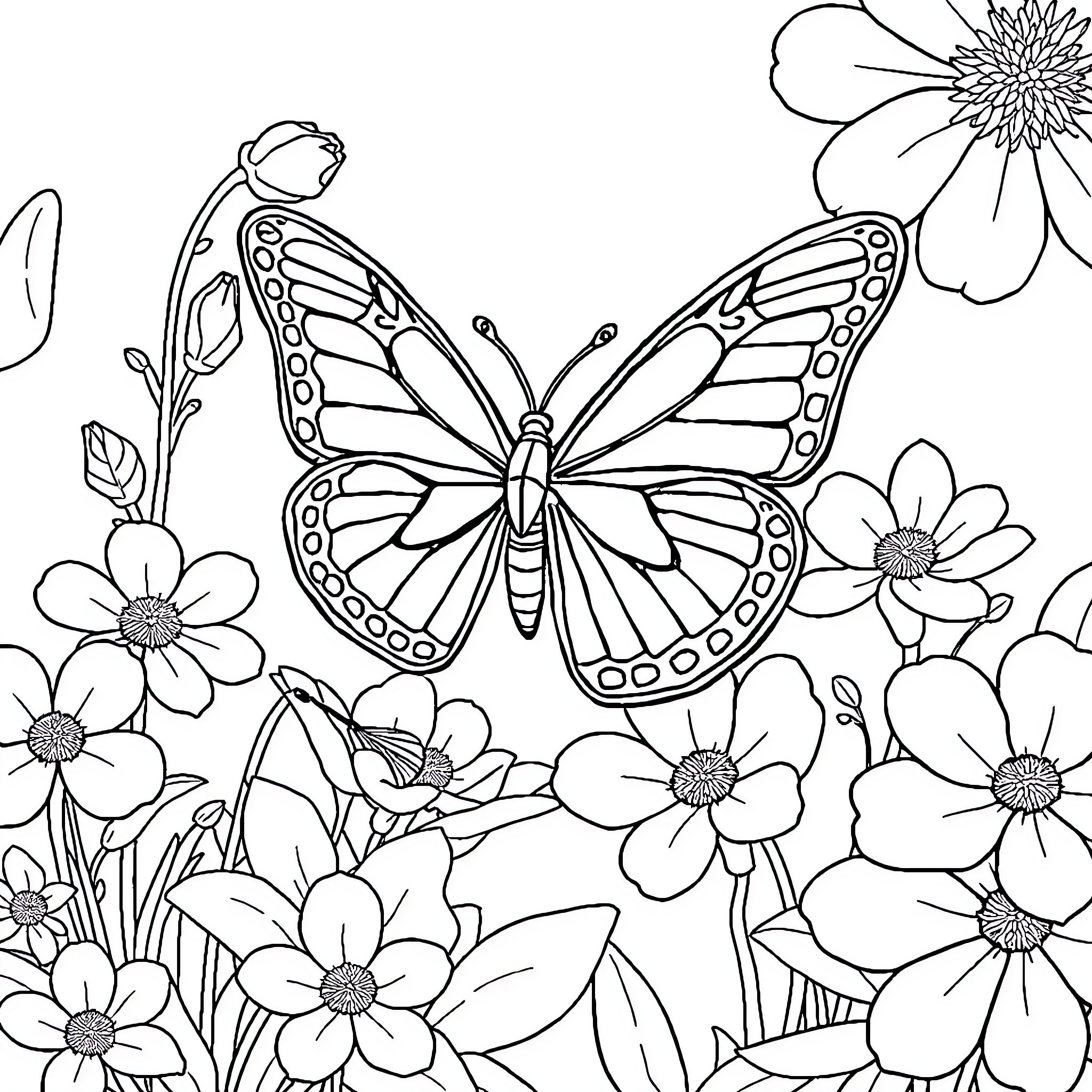 Butterfly dancing amidst blooming flowers Coloring Page (free black-and-white line drawing printable PDF for all, from beginners to advanced learners, including children, teens, adults, and seniors)