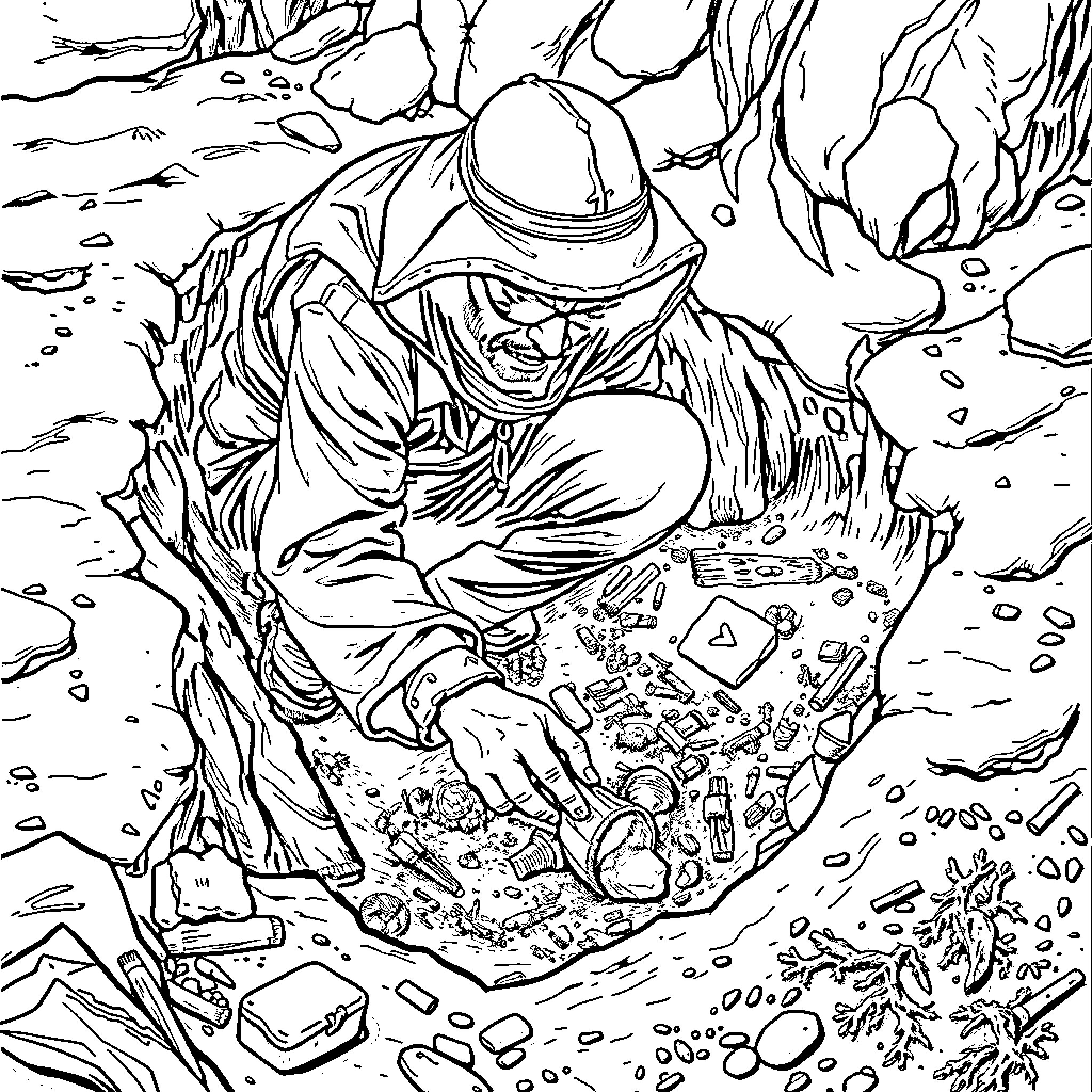 Archaeologist uncovering ancient artifacts in the wilderness Coloring Page (free black-and-white line drawing printable PDF for all, from beginners to advanced learners, including children, teens, adults, and seniors)