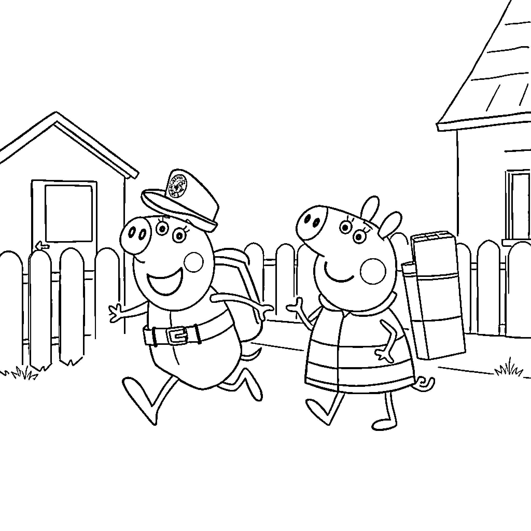 Postman Pat and Peppa Pig in the neighborhood Coloring Page (free black-and-white line drawing printable PDF for all, from beginners to advanced learners, including children, teens, adults, and seniors)