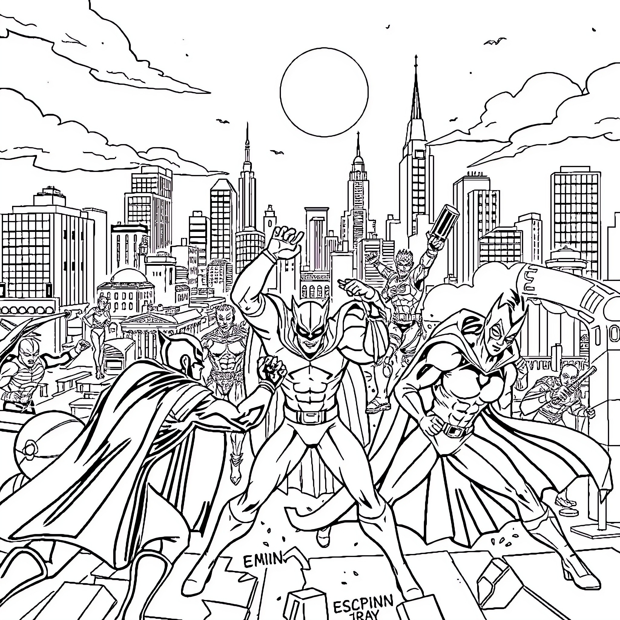 Justice League Superheroes Saving the City Coloring Page (free black-and-white line drawing printable PDF for all, from beginners to advanced learners, including children, teens, adults, and seniors)