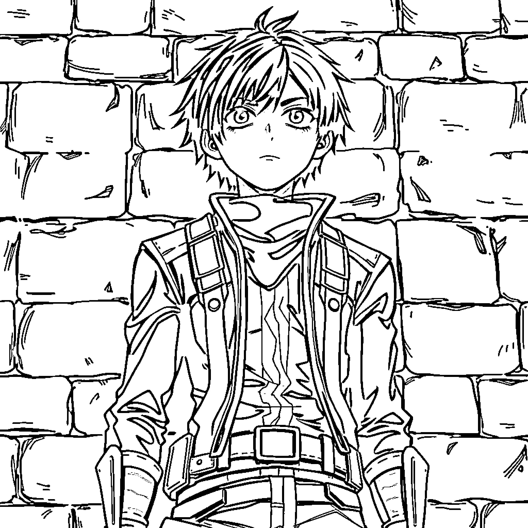 Eren Yeager's resolute expression against a brick wall Coloring Page (free black-and-white line drawing printable PDF for all, from beginners to advanced learners, including children, teens, adults, and seniors)