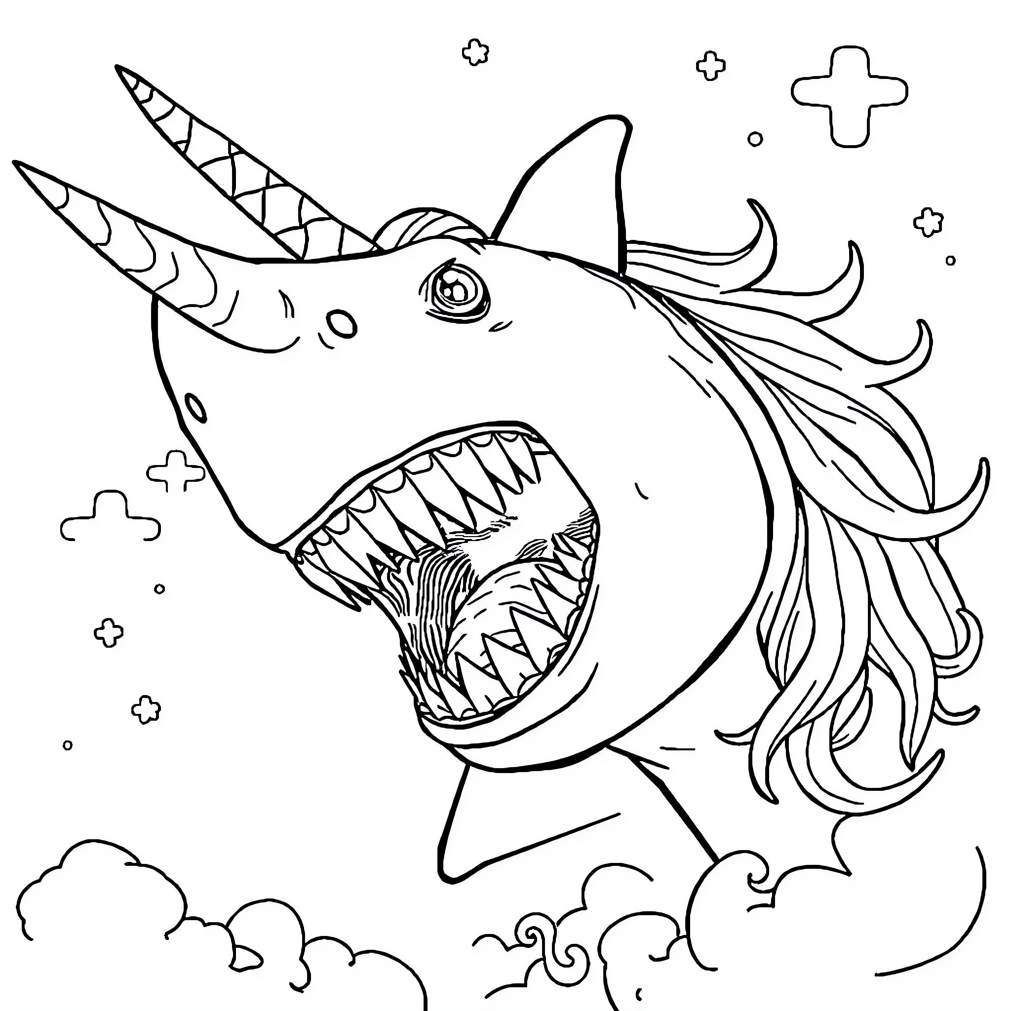 Shark with ferocious expression in fantasy setting Coloring Page (free black-and-white line drawing printable PDF for all, from beginners to advanced learners, including children, teens, adults, and seniors)