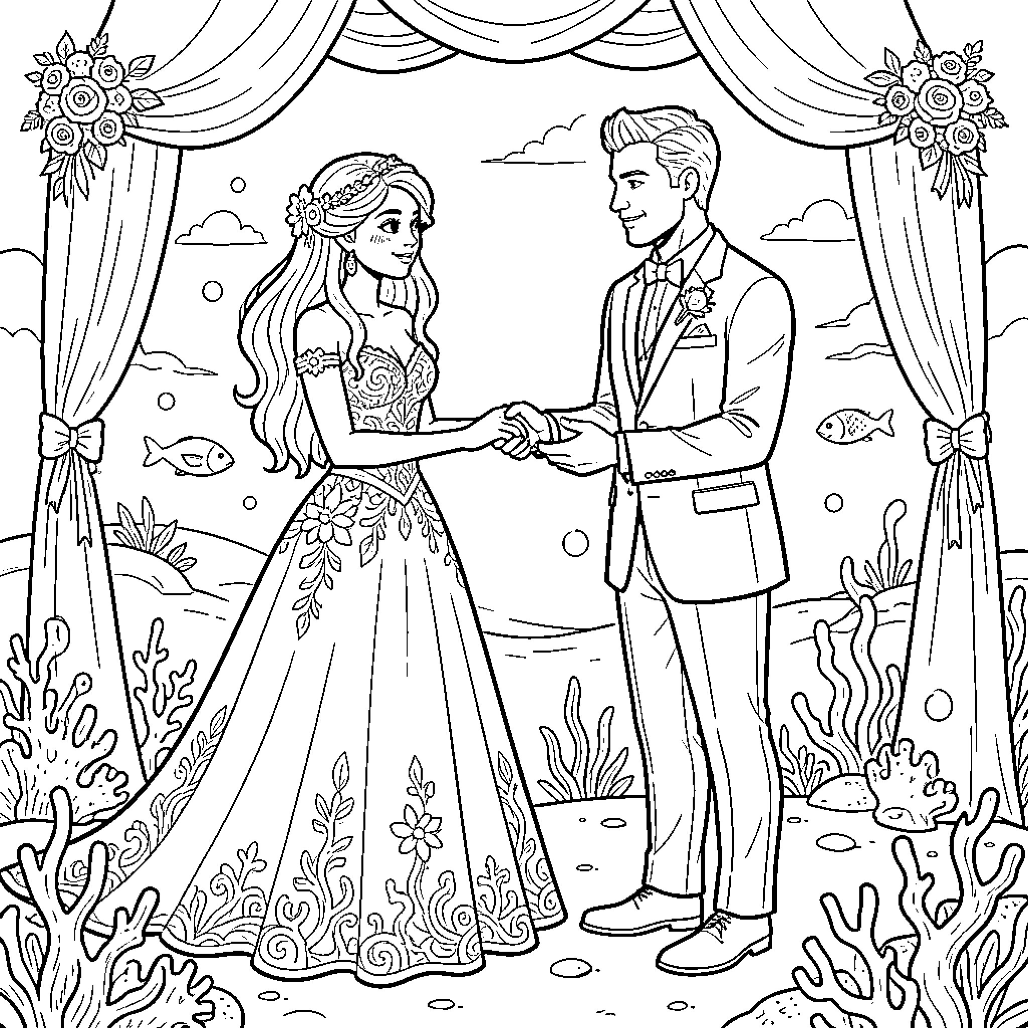 Mermaid princess in gown holding hands with a man Coloring Page (free black-and-white line drawing printable PDF for all, from beginners to advanced learners, including children, teens, adults, and seniors)