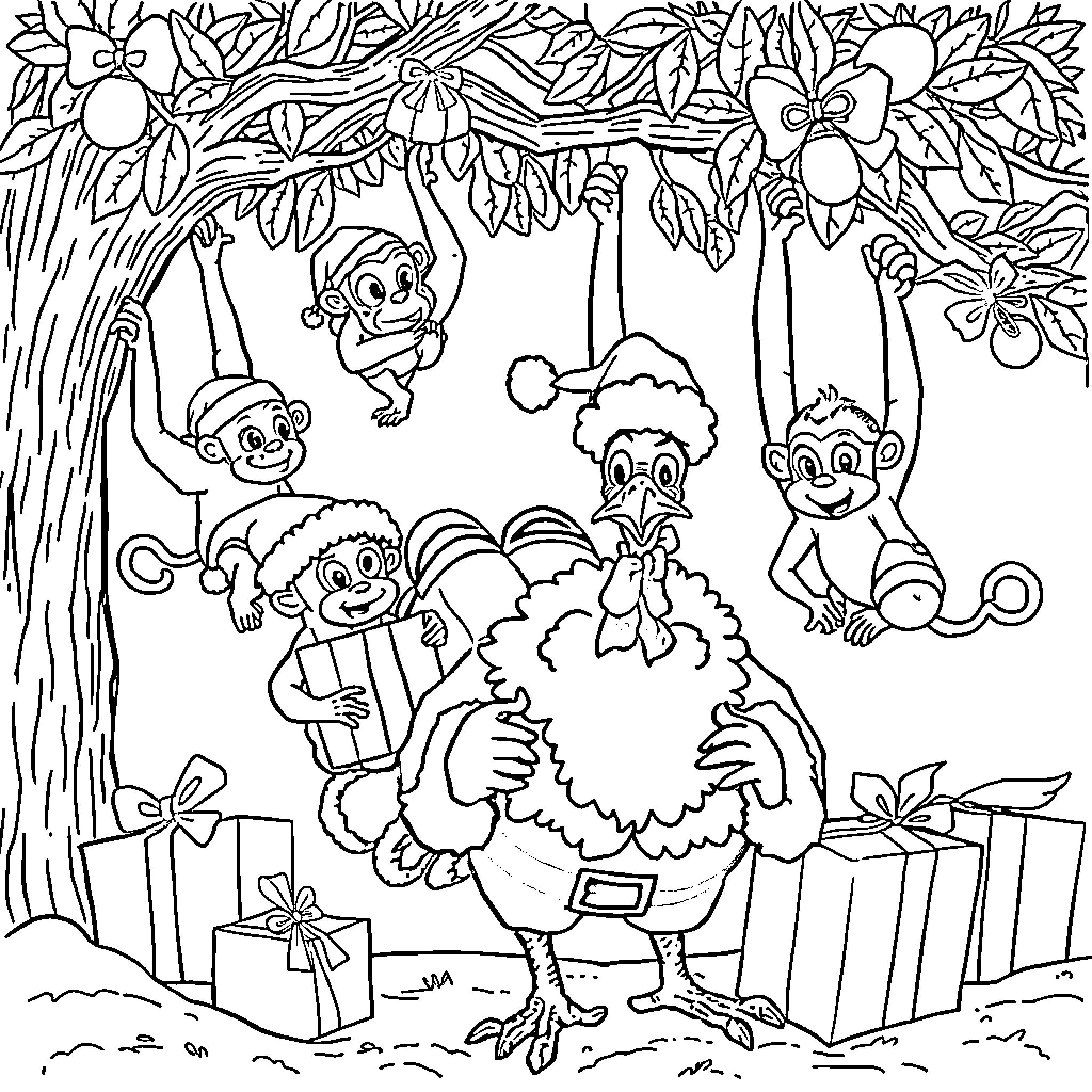 Turkey Elves Decorating a Winter Wonderland Coloring Page (free black-and-white line drawing printable PDF for all, from beginners to advanced learners, including children, teens, adults, and seniors)