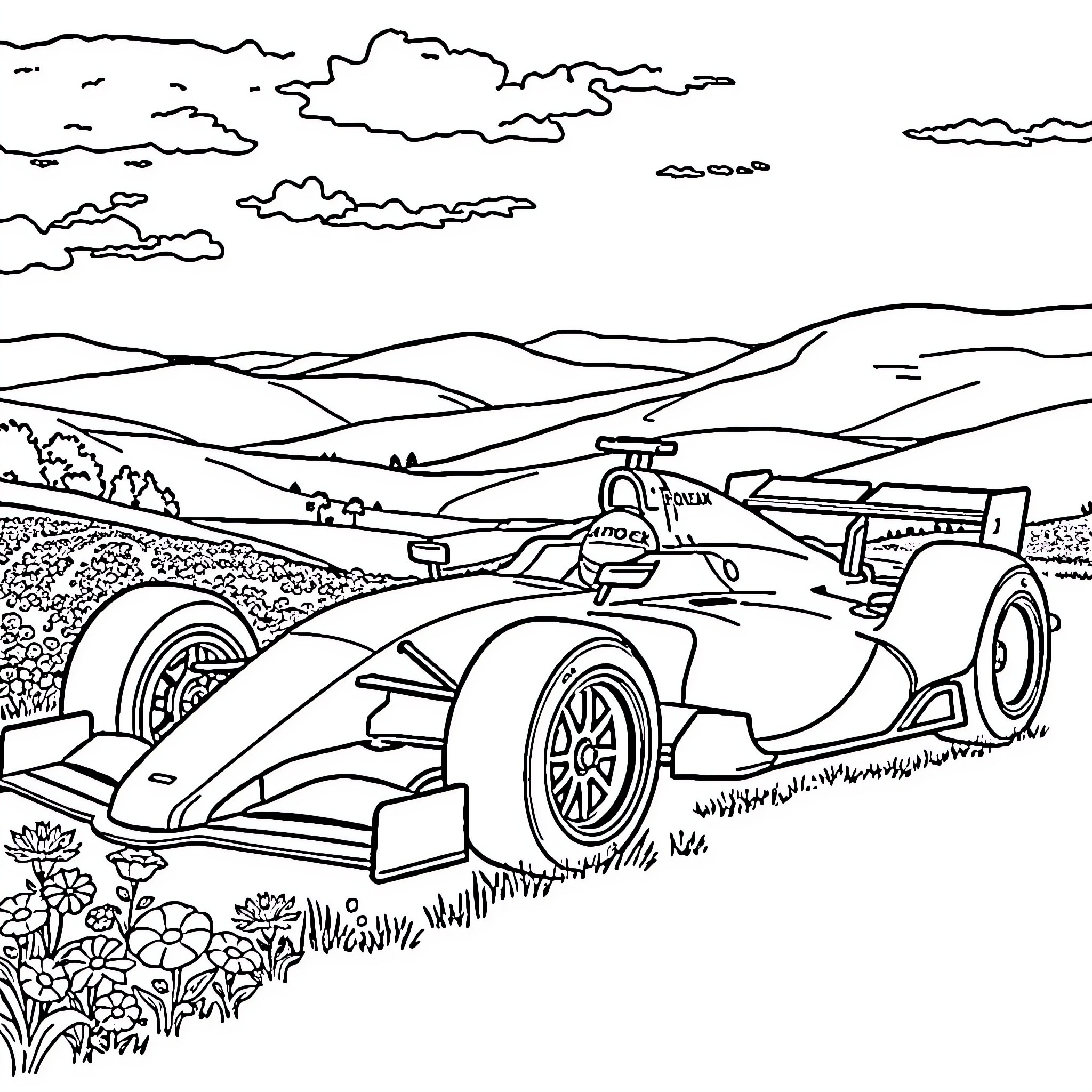 Formula 1 Race Car in Scenic Countryside Landscape Coloring Page (free black-and-white line drawing printable PDF for all, from beginners to advanced learners, including children, teens, adults, and seniors)