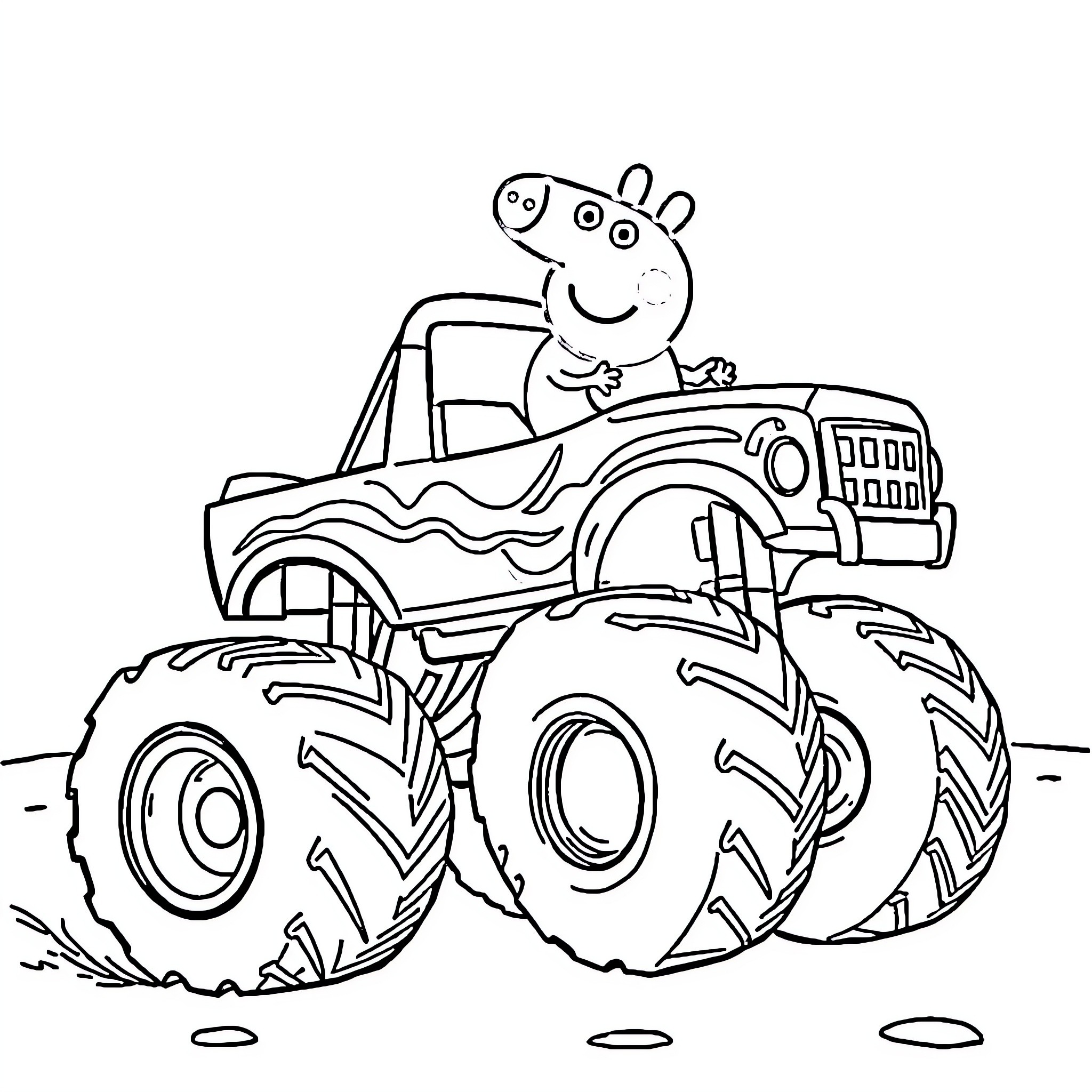 Peppa Pig driving a monster truck Coloring Page (free black-and-white line drawing printable PDF for all, from beginners to advanced learners, including children, teens, adults, and seniors)