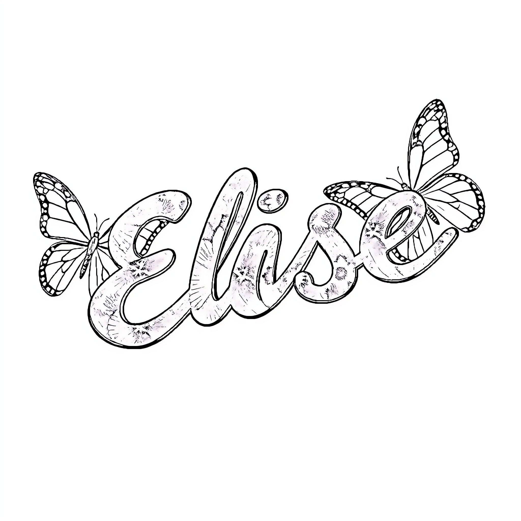 Butterfly Name Art with Monarch Butterflies Coloring Page (free black-and-white line drawing printable PDF for all, from beginners to advanced learners, including children, teens, adults, and seniors)