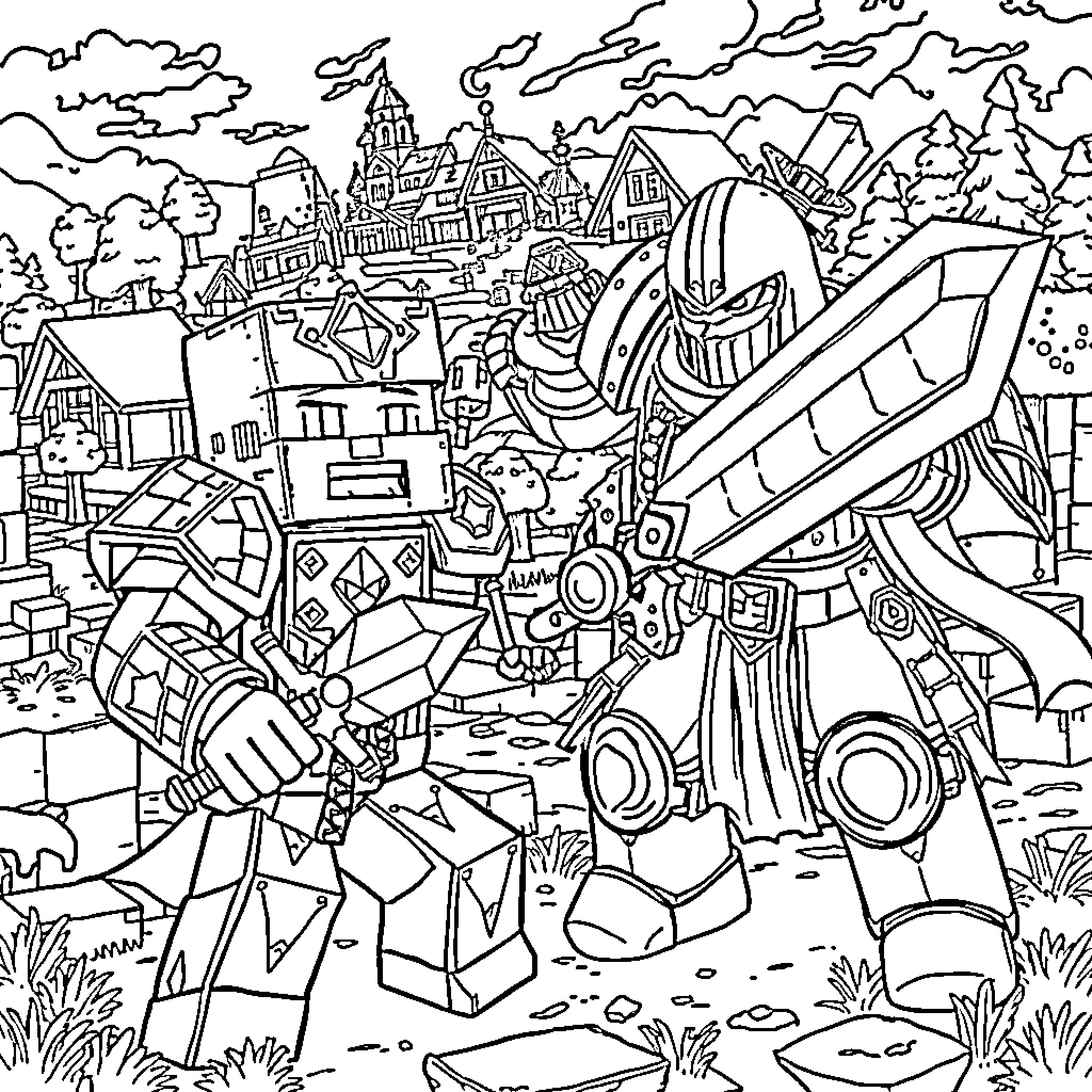 Steve's Fantastic Mechanical Adventure in the Countryside Coloring Page (free black-and-white line drawing printable PDF for all, from beginners to advanced learners, including children, teens, adults, and seniors)