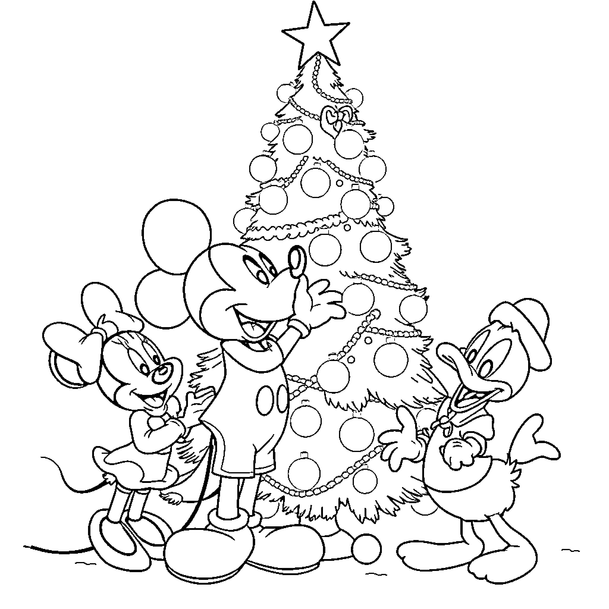 Mickey Mouse decorating Christmas tree with Minnie Mouse Coloring Page (free black-and-white line drawing printable PDF for all, from beginners to advanced learners, including children, teens, adults, and seniors)