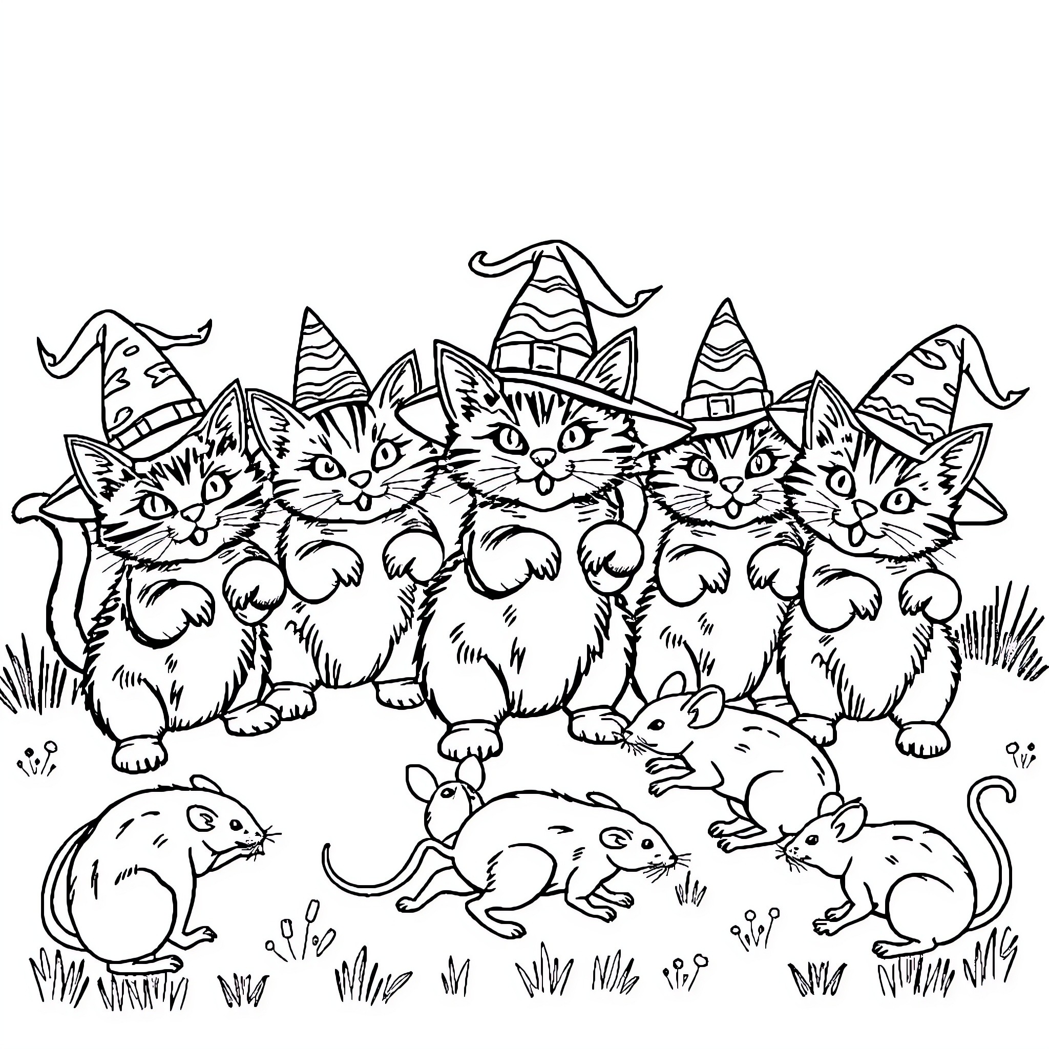 Cat Kittens in Witch Hats and Mice in the Yard Coloring Page (free black-and-white line drawing printable PDF for all, from beginners to advanced learners, including children, teens, adults, and seniors)