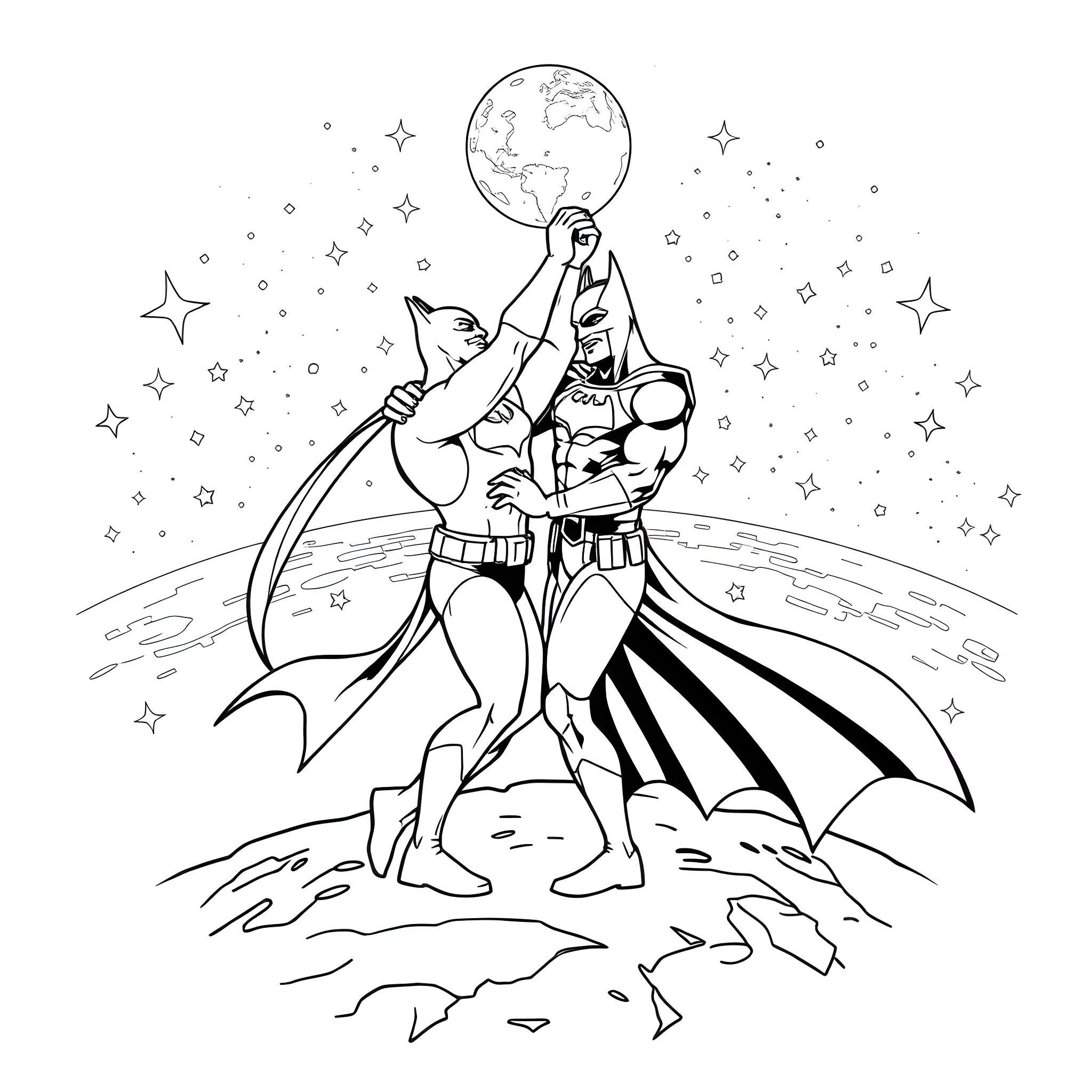 Batman Battling Evil Under the Starry Sky Coloring Page (free black-and-white line drawing printable PDF for all, from beginners to advanced learners, including children, teens, adults, and seniors)