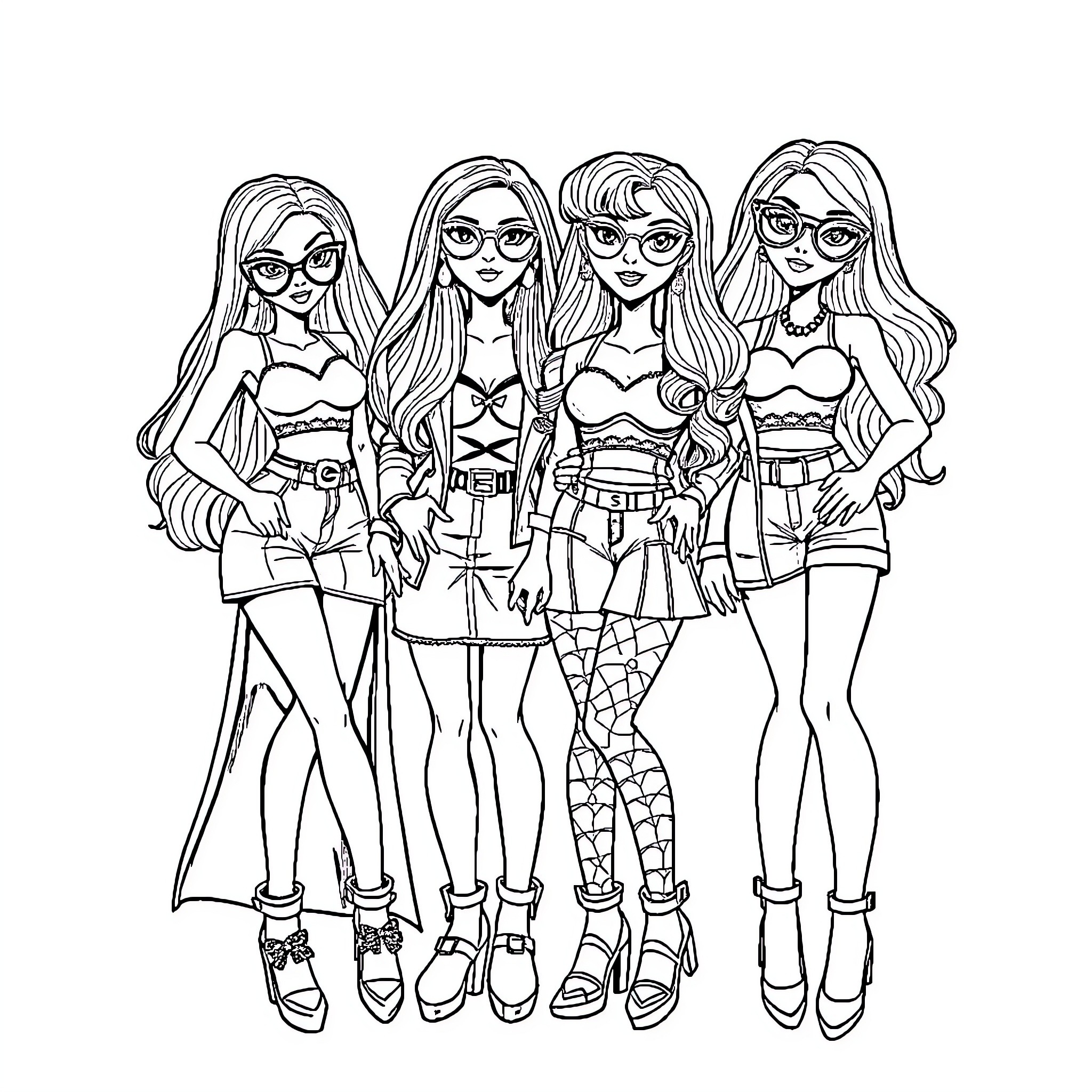 Bluey and Friends Enjoying Stylish Fashion Coloring Page (free black-and-white line drawing printable PDF for all, from beginners to advanced learners, including children, teens, adults, and seniors)