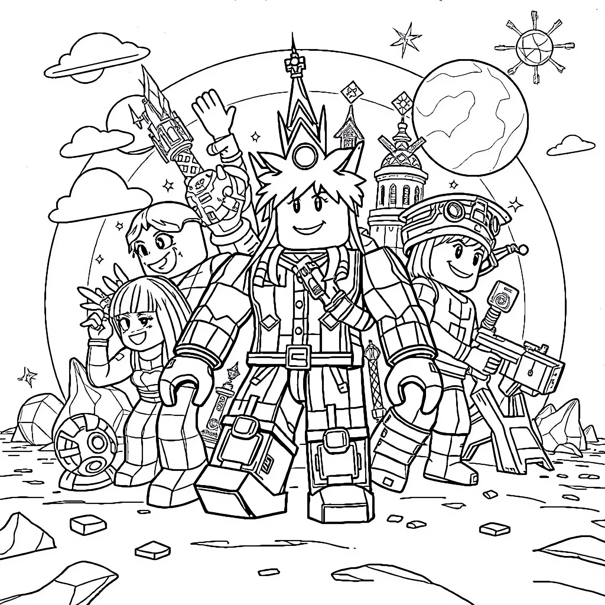 Roblox characters in an adventure-filled scene Coloring Page (free black-and-white line drawing printable PDF for all, from beginners to advanced learners, including children, teens, adults, and seniors)