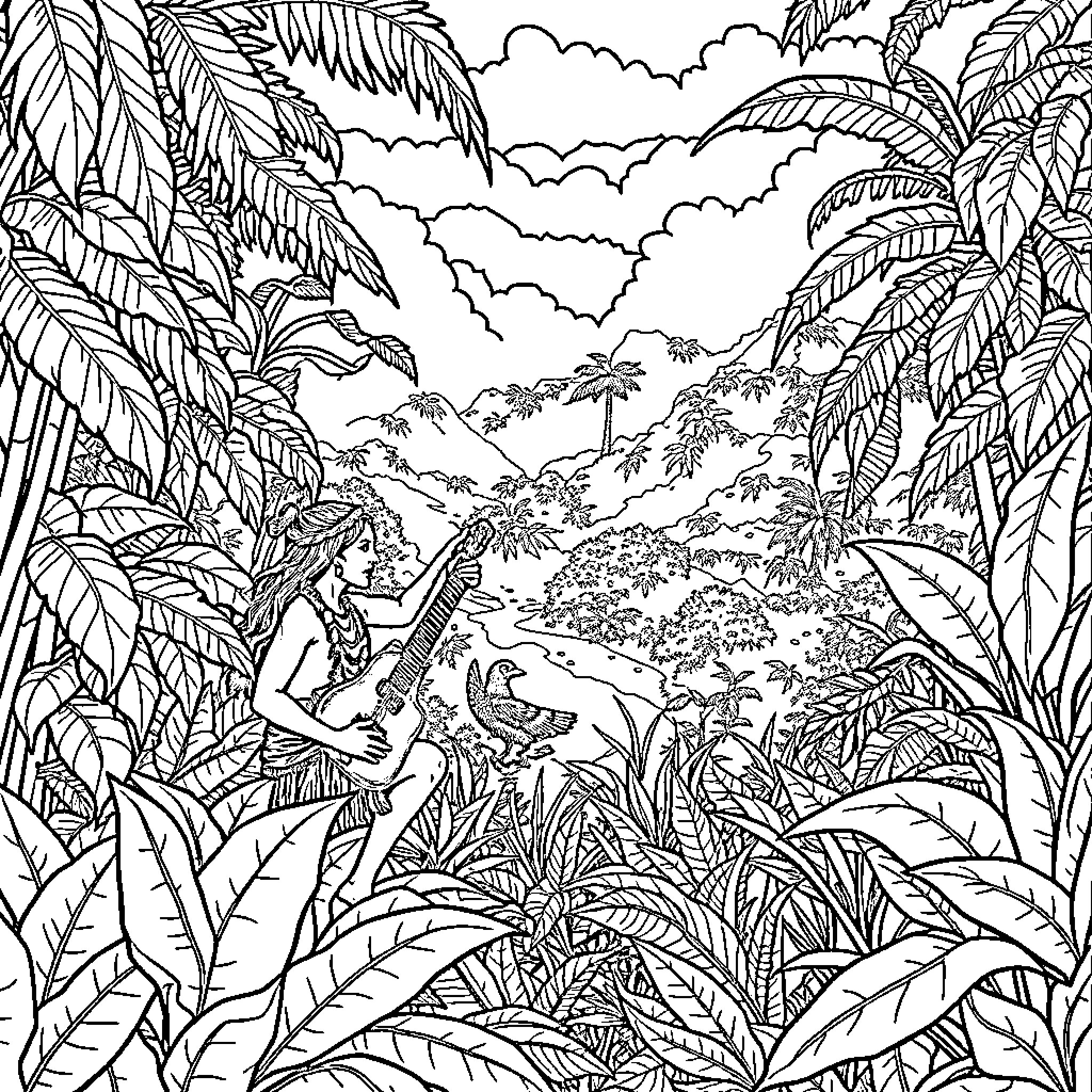 Amazonians exploring the lush jungle landscape Coloring Page (free black-and-white line drawing printable PDF for all, from beginners to advanced learners, including children, teens, adults, and seniors)