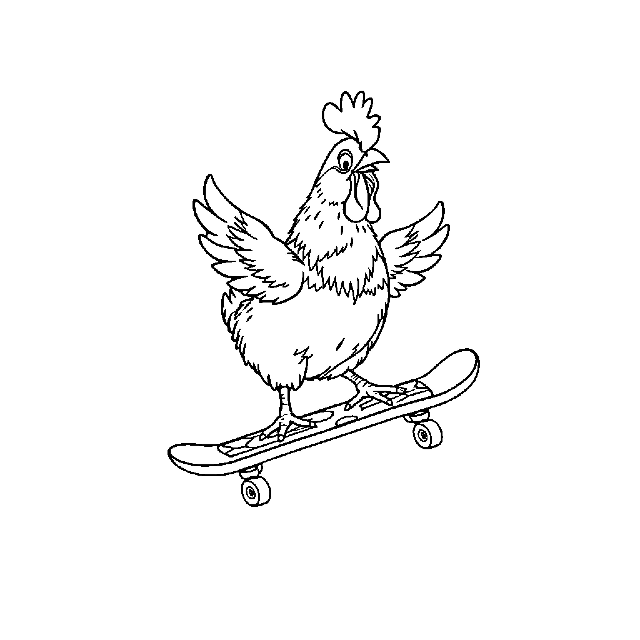 Chicken riding skateboard Coloring Page (free black-and-white line drawing printable PDF for all, from beginners to advanced learners, including children, teens, adults, and seniors)