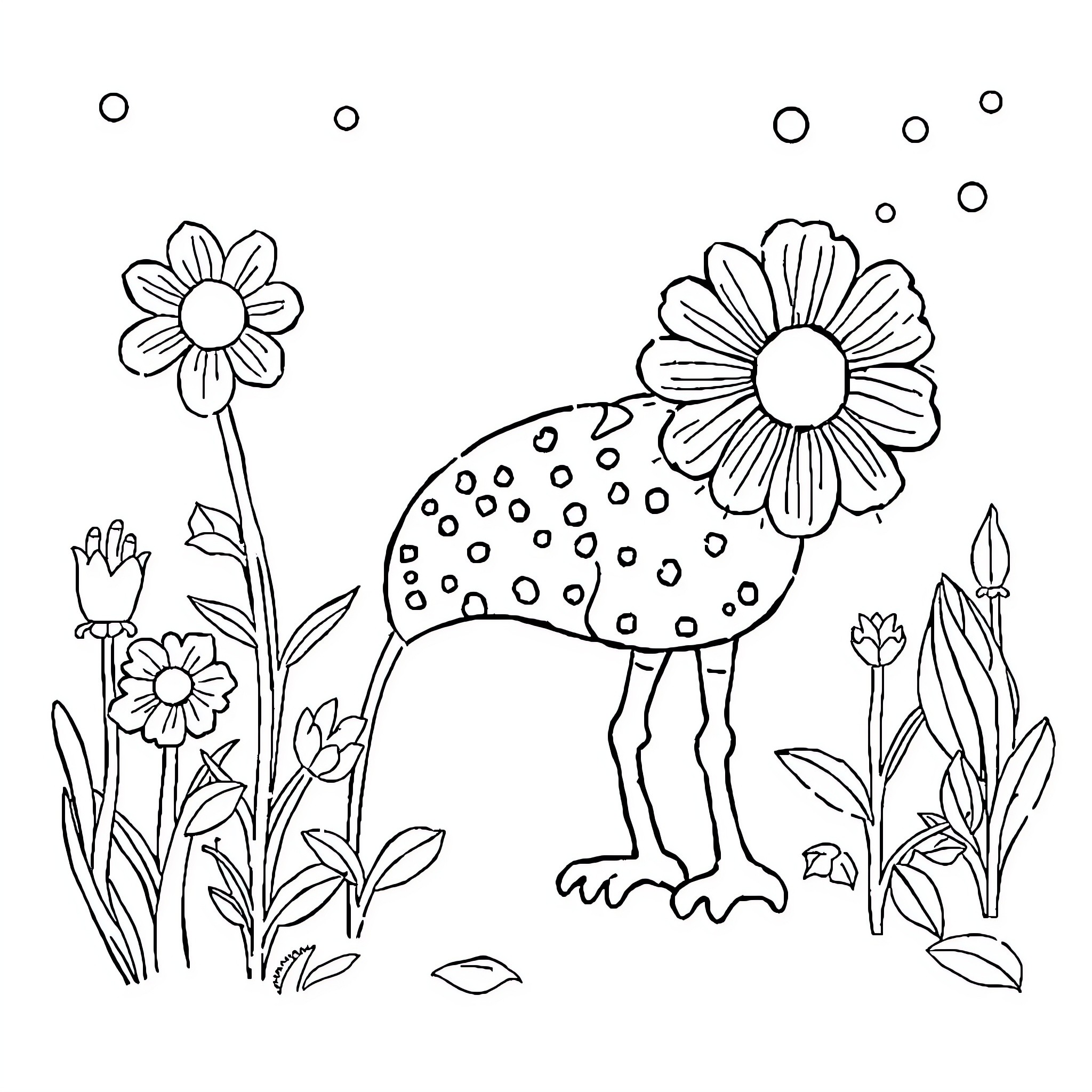 Cartoon-style illustration of a whimsical bird among flowers Coloring Page (free black-and-white line drawing printable PDF for all, from beginners to advanced learners, including children, teens, adults, and seniors)