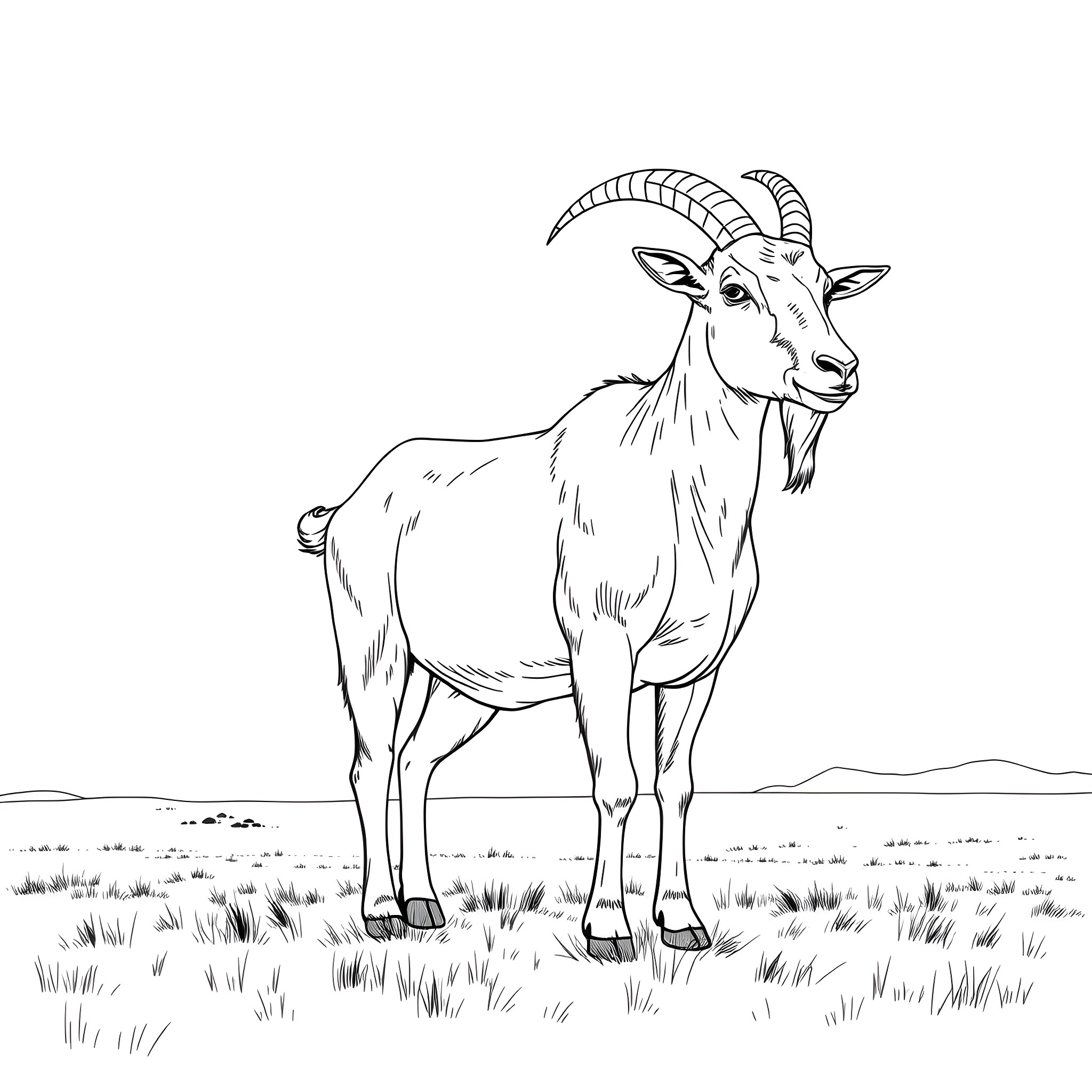 Goat standing proudly in the field Coloring Page (free black-and-white line drawing printable PDF for all, from beginners to advanced learners, including children, teens, adults, and seniors)