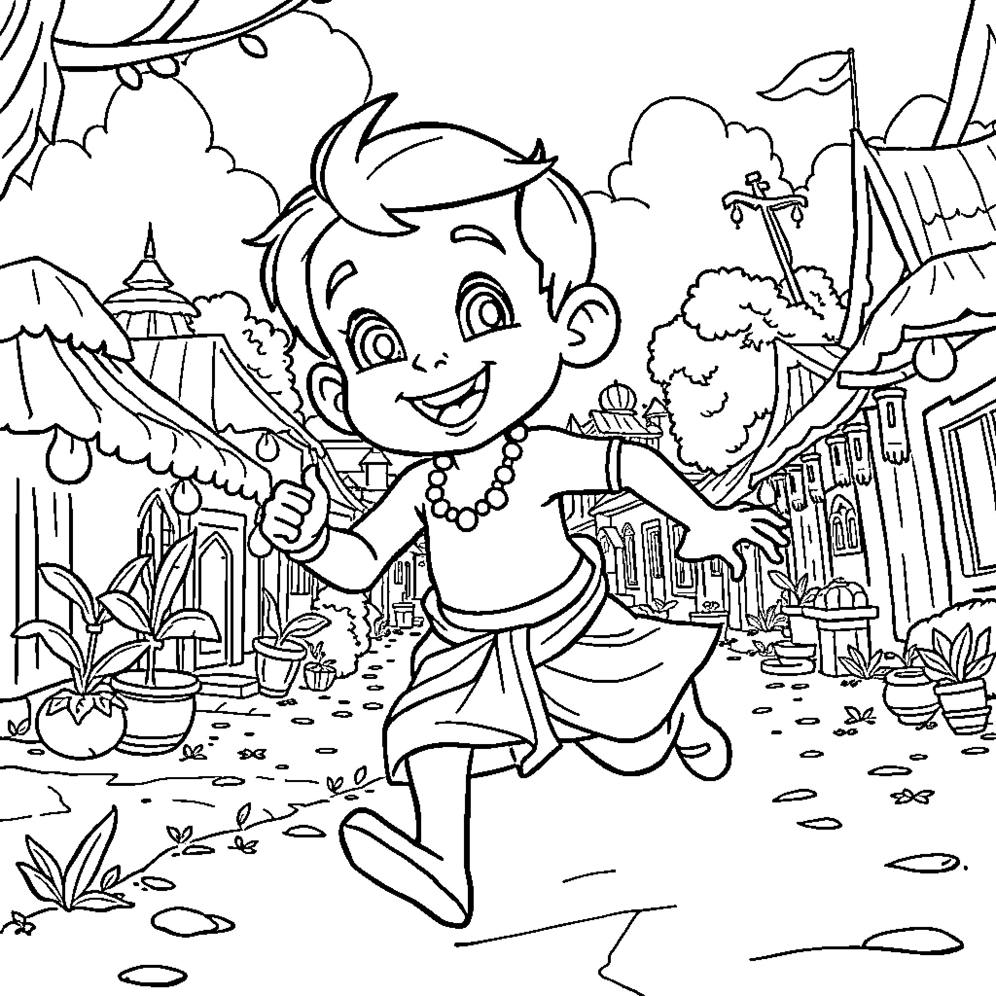 Chota Bheem exploring the vibrant village scene Coloring Page (free black-and-white line drawing printable PDF for all, from beginners to advanced learners, including children, teens, adults, and seniors)