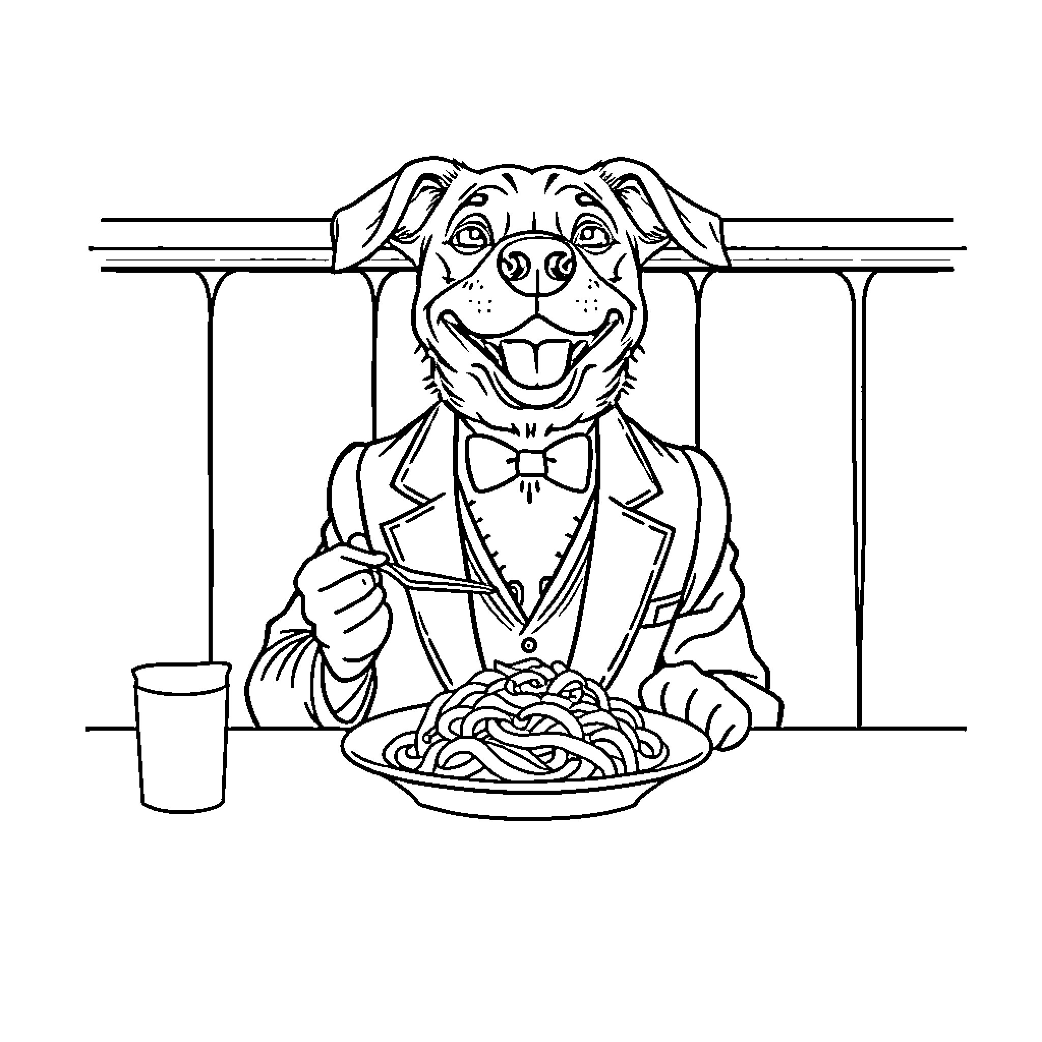 Dog enjoying a formal dinner with pasta Coloring Page (free black-and-white line drawing printable PDF for all, from beginners to advanced learners, including children, teens, adults, and seniors)
