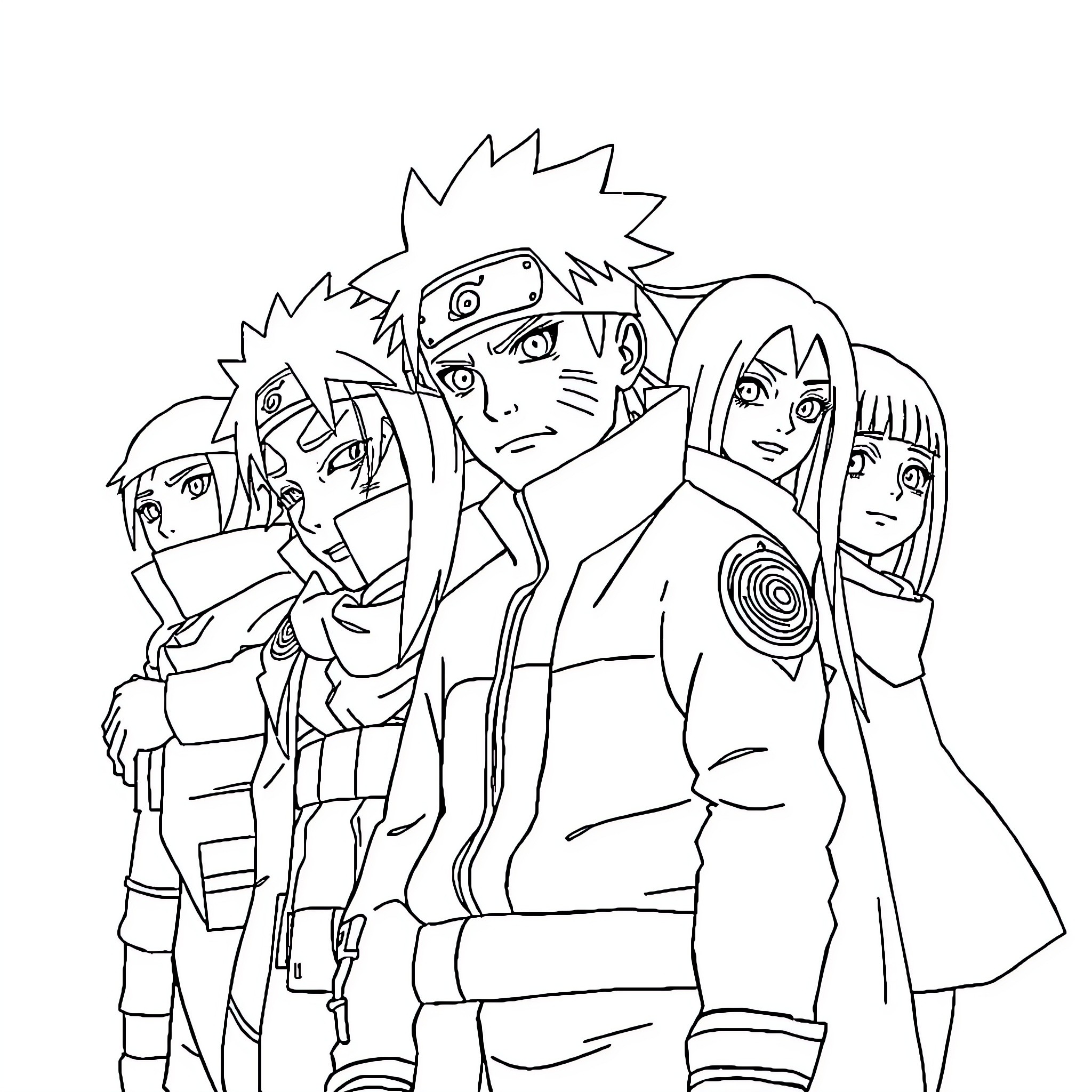 Naruto and Friends Depicted in Animated Style Coloring Page (free black-and-white line drawing printable PDF for all, from beginners to advanced learners, including children, teens, adults, and seniors)