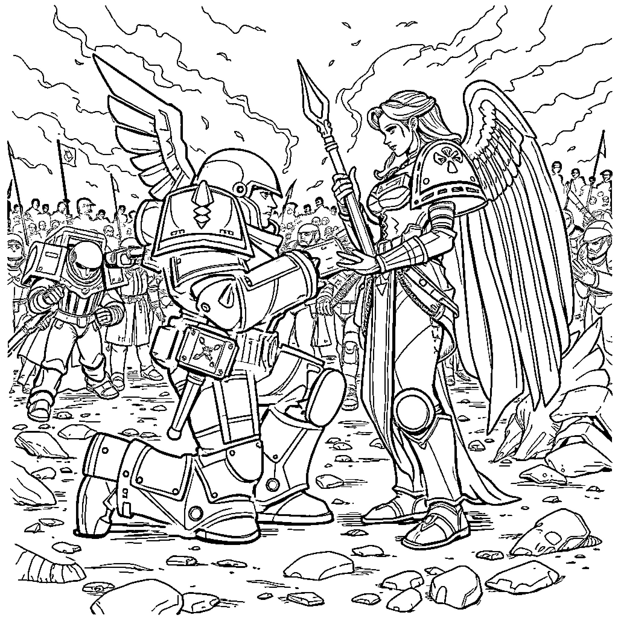 Space Marine Leading the Charge Against Demonic Forces Coloring Page (free black-and-white line drawing printable PDF for all, from beginners to advanced learners, including children, teens, adults, and seniors)