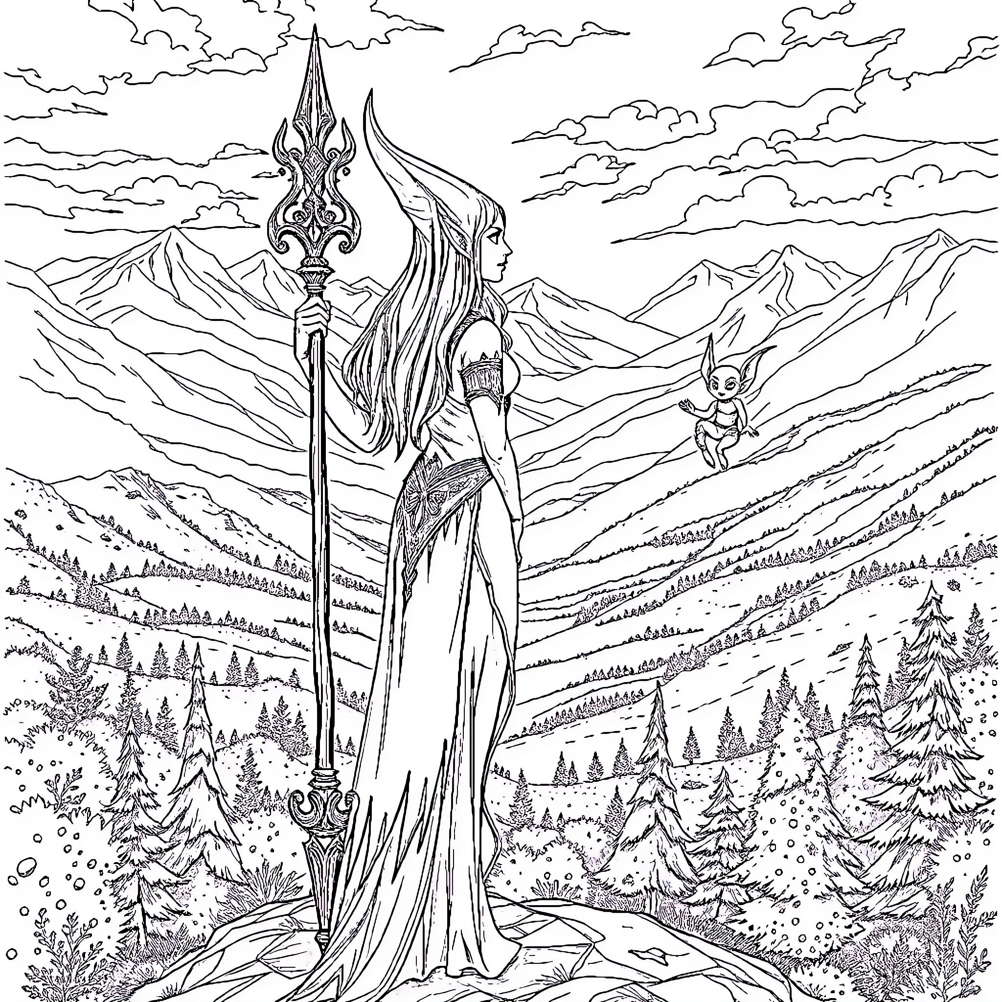 Elf Princess Guarding the Mountainous Kingdom Coloring Page (free black-and-white line drawing printable PDF for all, from beginners to advanced learners, including children, teens, adults, and seniors)