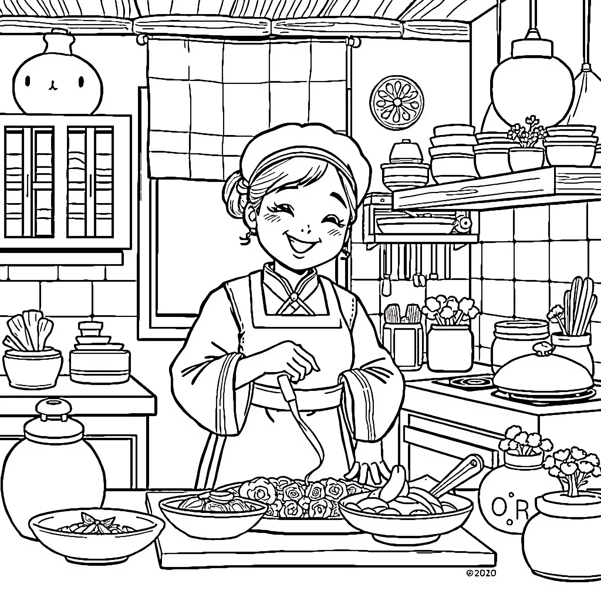 Maomao's Cozy Kitchen Adventures Coloring Page (free black-and-white line drawing printable PDF for all, from beginners to advanced learners, including children, teens, adults, and seniors)