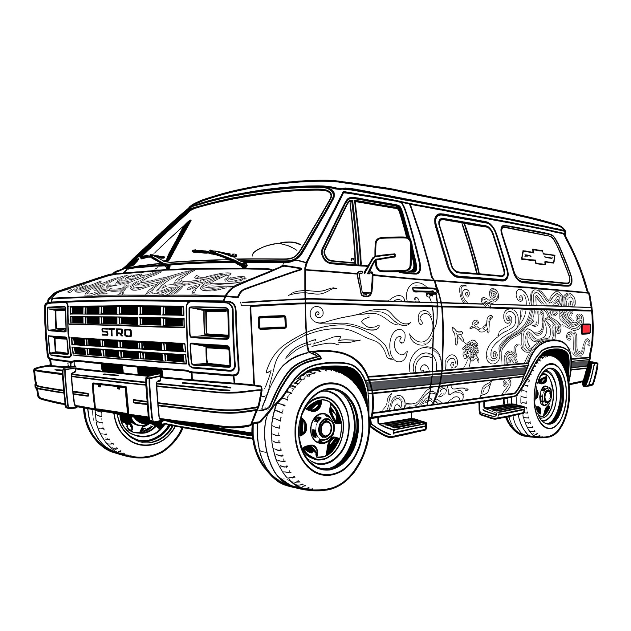 Chevrolet Astro van with artistic graphics Coloring Page (free black-and-white line drawing printable PDF for all, from beginners to advanced learners, including children, teens, adults, and seniors)