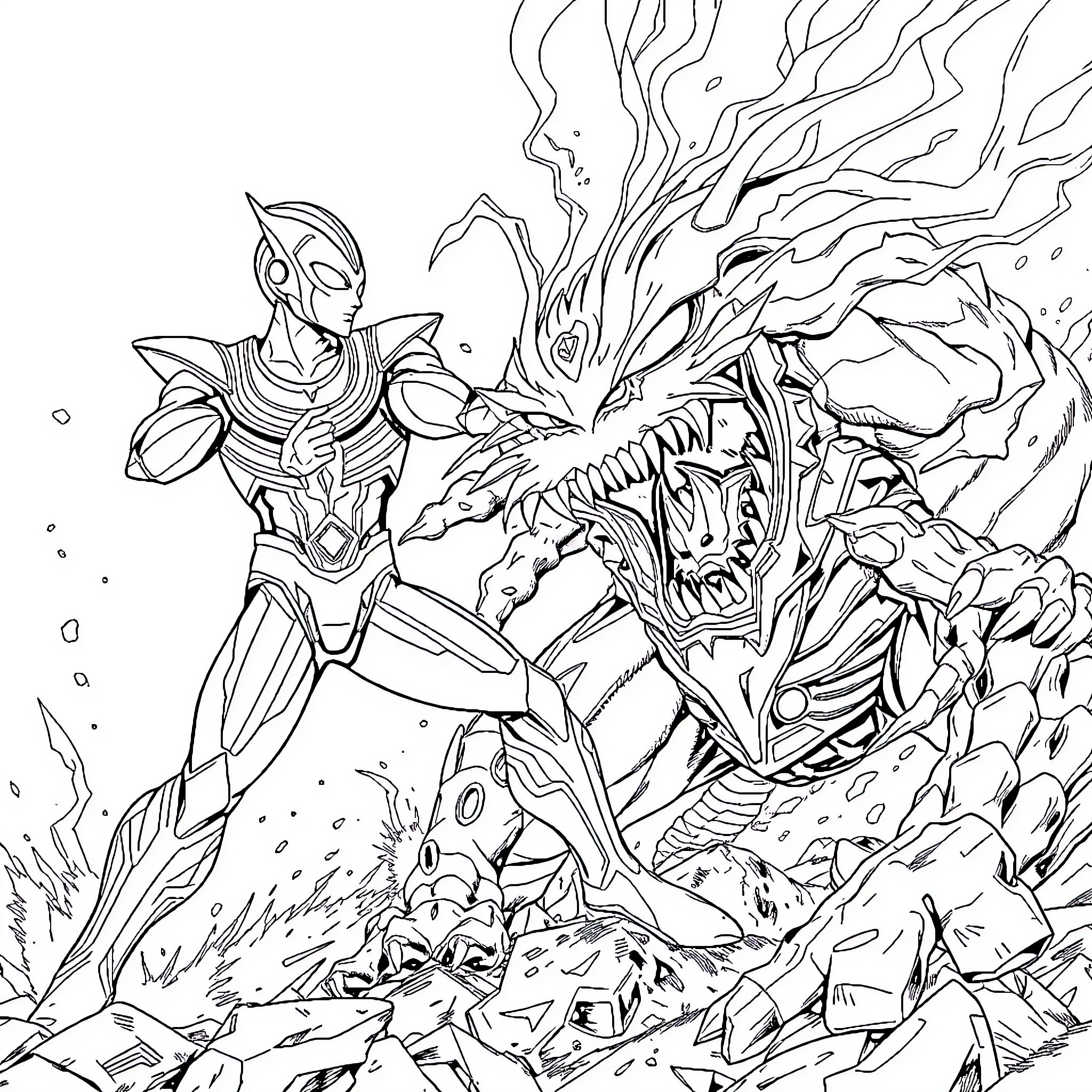 Utramen confronting a monstrous foe in the ruins Coloring Page (free black-and-white line drawing printable PDF for all, from beginners to advanced learners, including children, teens, adults, and seniors)