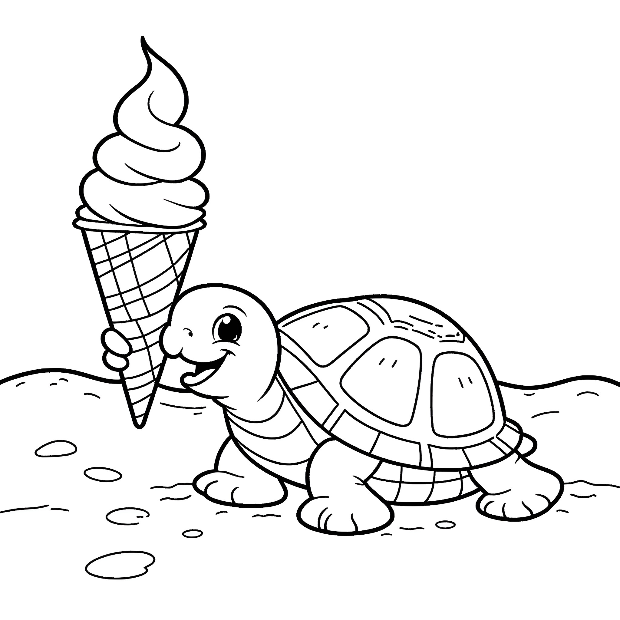 Turtle enjoying an ice cream cone Coloring Page (free black-and-white line drawing printable PDF for all, from beginners to advanced learners, including children, teens, adults, and seniors)