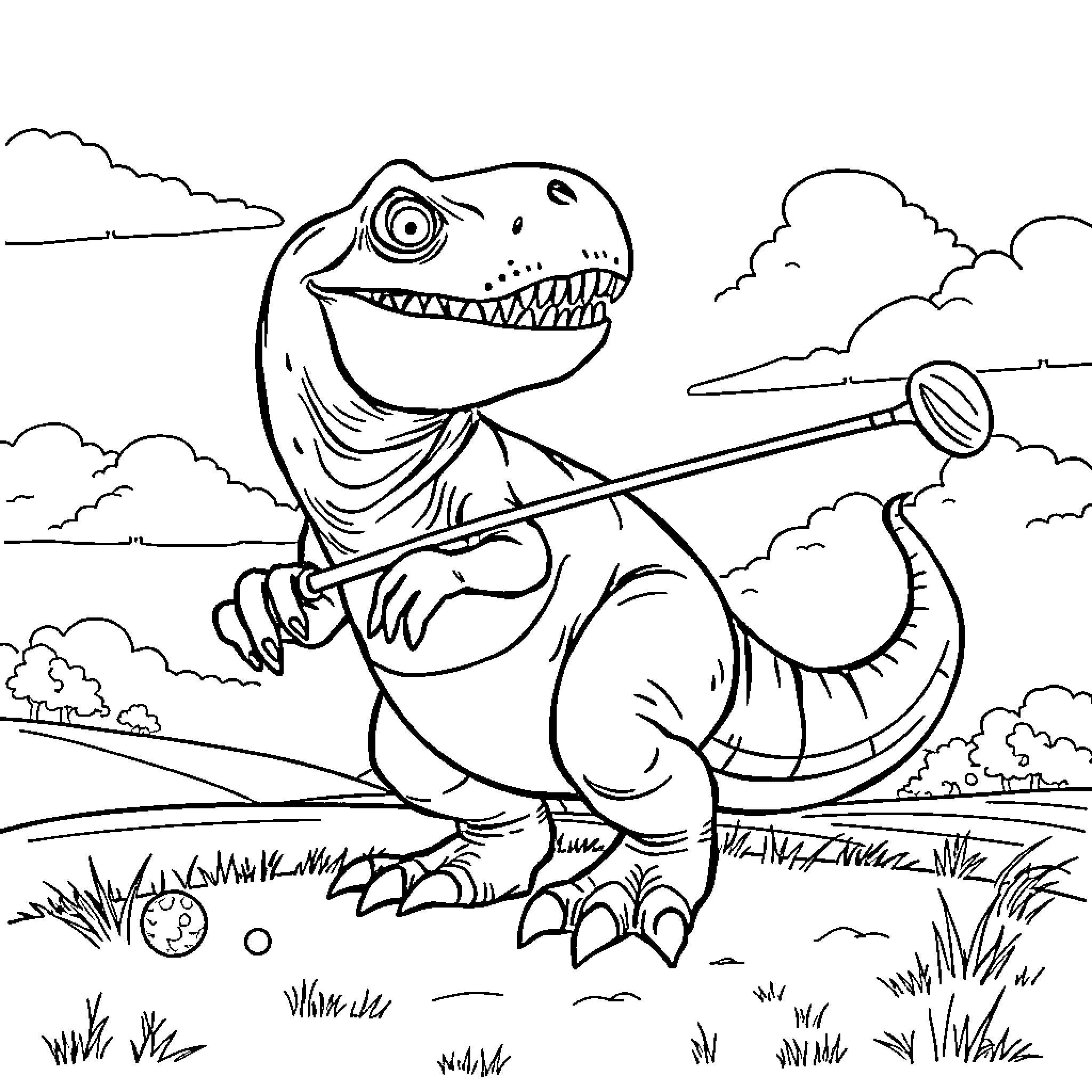T-Rex playing with ball in the park Coloring Page (free black-and-white line drawing printable PDF for all, from beginners to advanced learners, including children, teens, adults, and seniors)