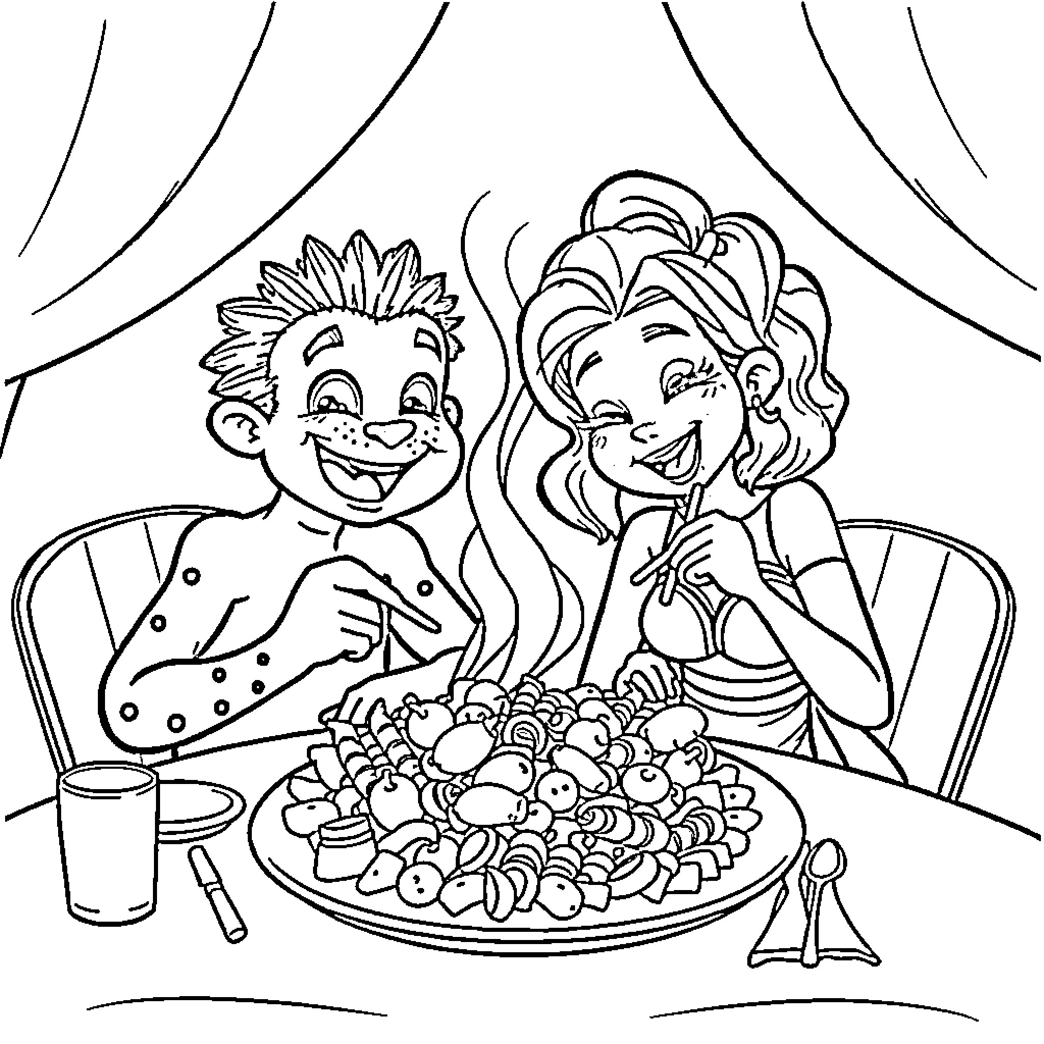 Sangokou Enjoying Festive Meal with Friend Coloring Page (free black-and-white line drawing printable PDF for all, from beginners to advanced learners, including children, teens, adults, and seniors)