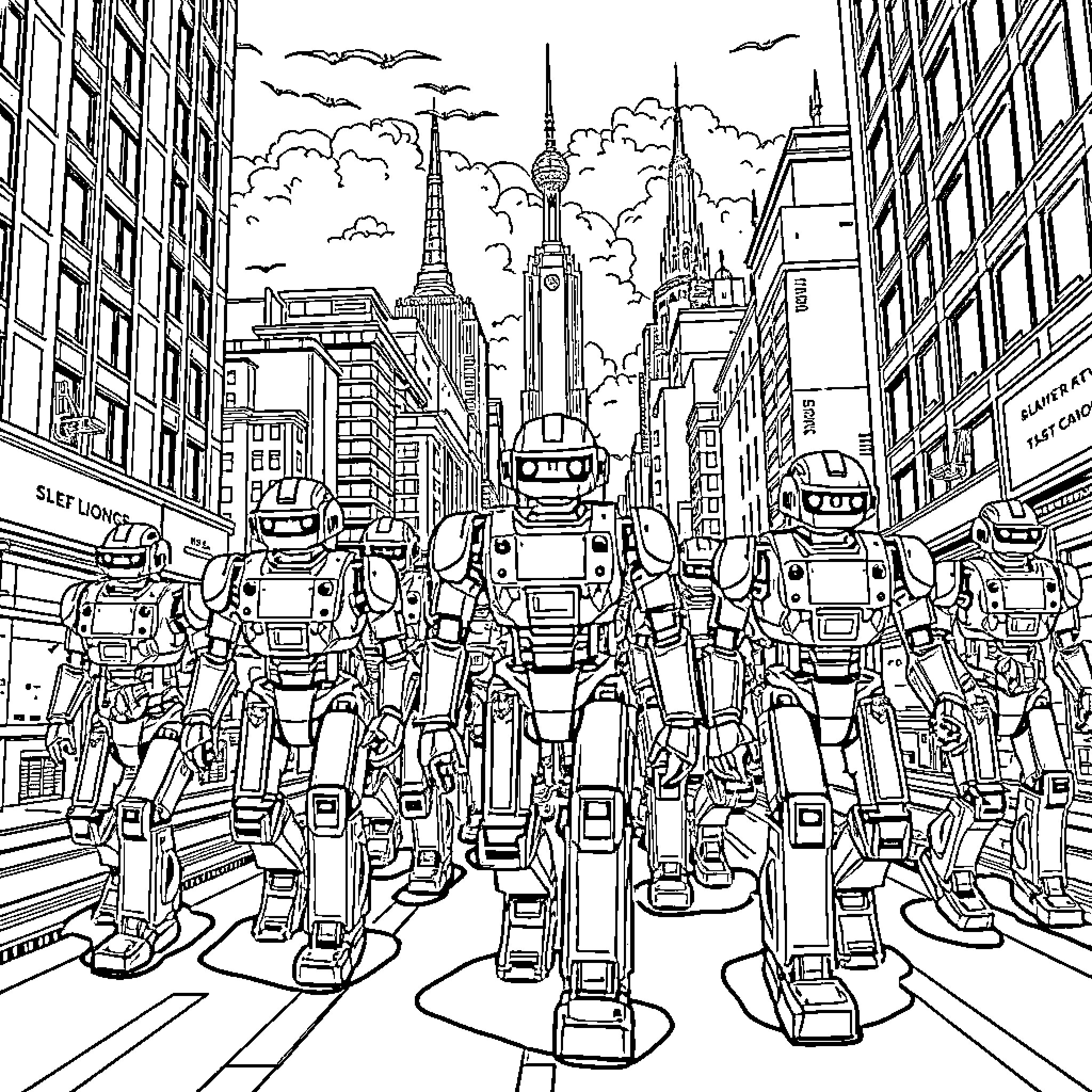 Robot army marching through the city streets Coloring Page (free black-and-white line drawing printable PDF for all, from beginners to advanced learners, including children, teens, adults, and seniors)