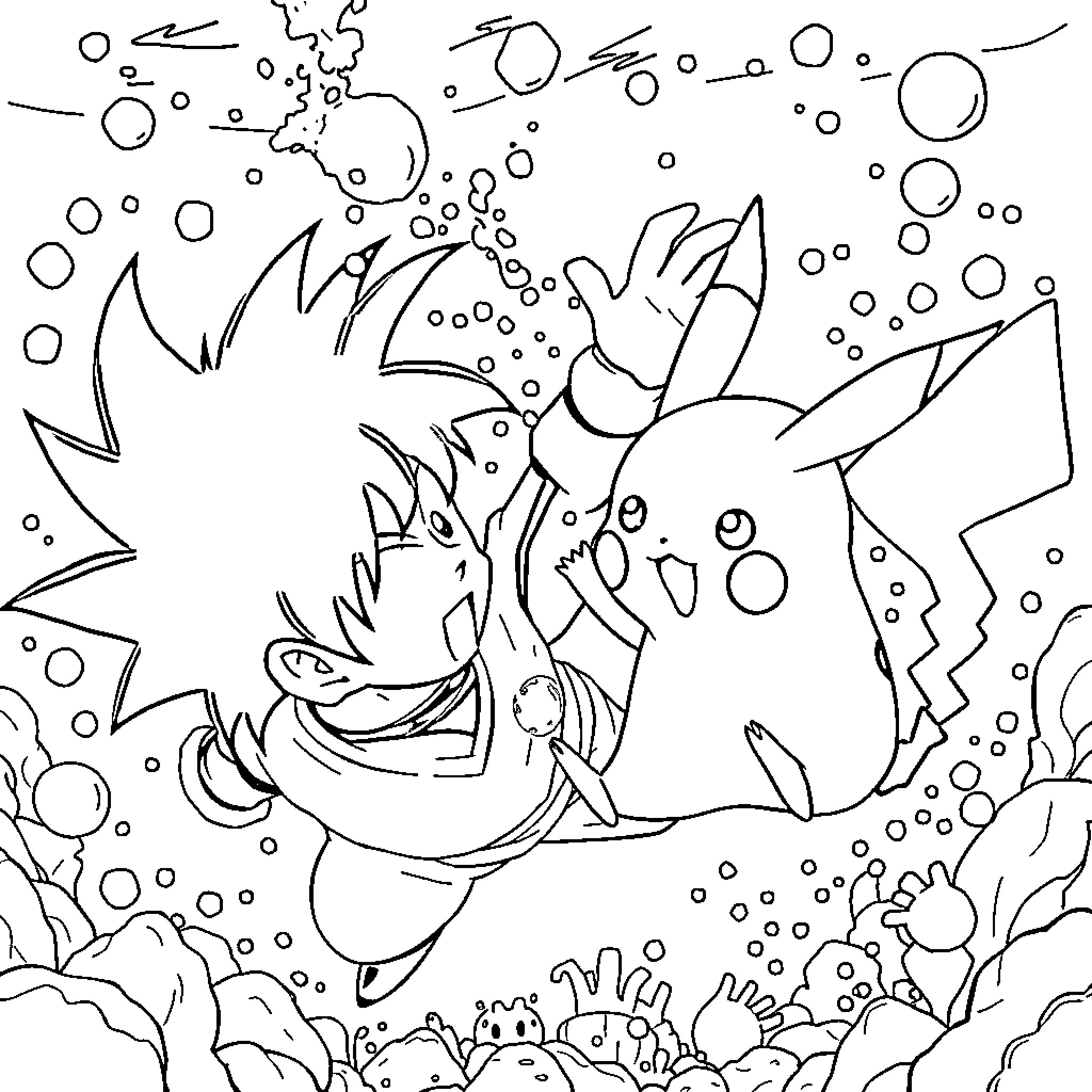 Pikachu playing and exploring in a fantasy world Coloring Page (free black-and-white line drawing printable PDF for all, from beginners to advanced learners, including children, teens, adults, and seniors)