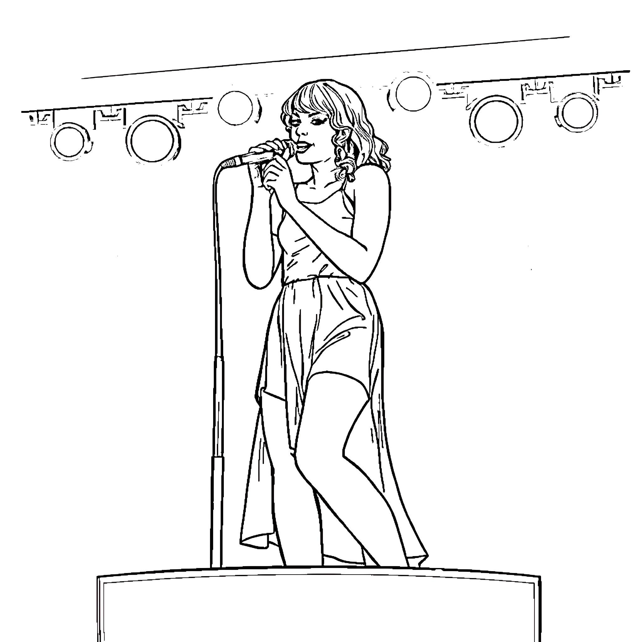 Taylor Swift performing on stage with microphone Coloring Page (free black-and-white line drawing printable PDF for all, from beginners to advanced learners, including children, teens, adults, and seniors)