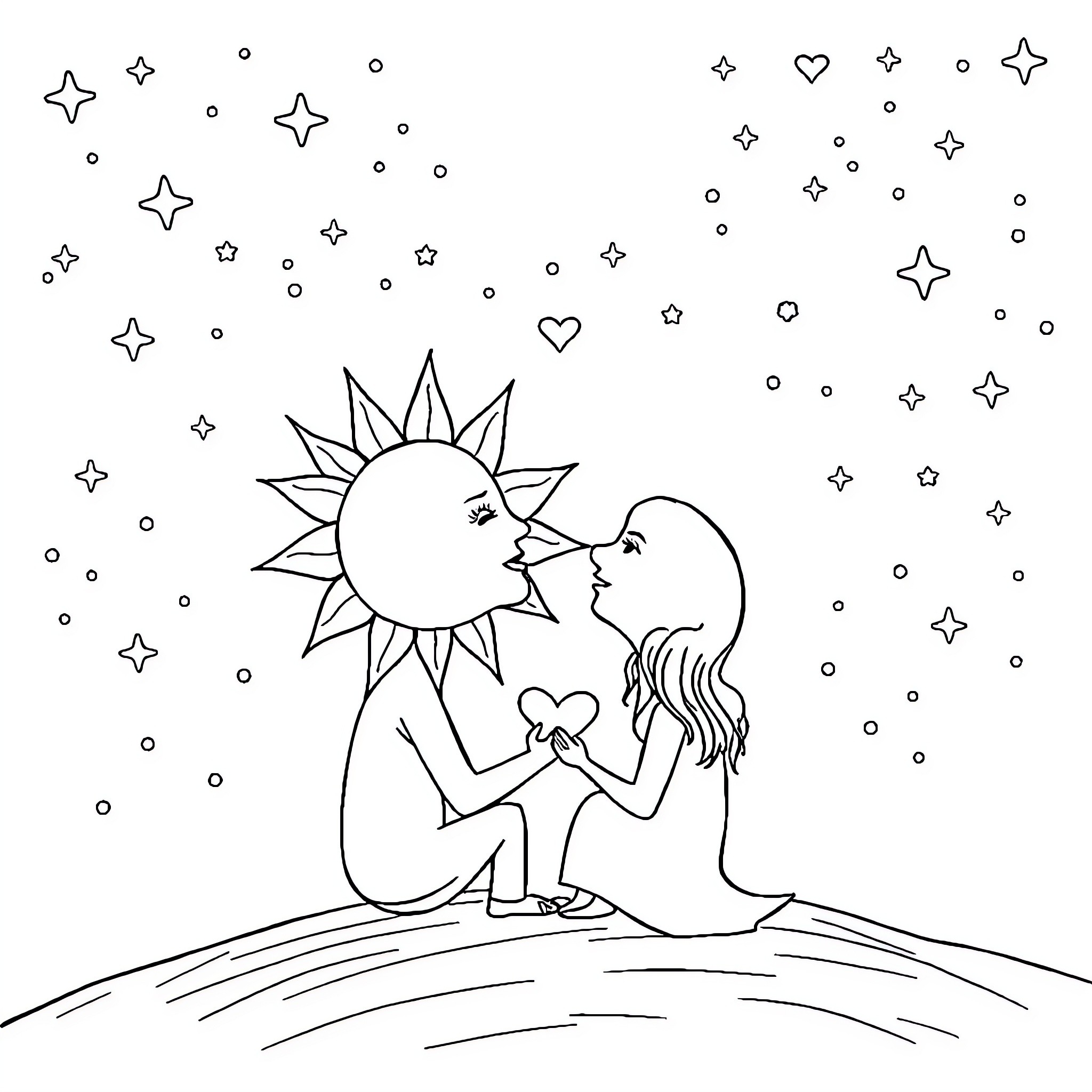Sun and Moon: A Loving Embrace Under the Stars Coloring Page (free black-and-white line drawing printable PDF for all, from beginners to advanced learners, including children, teens, adults, and seniors)